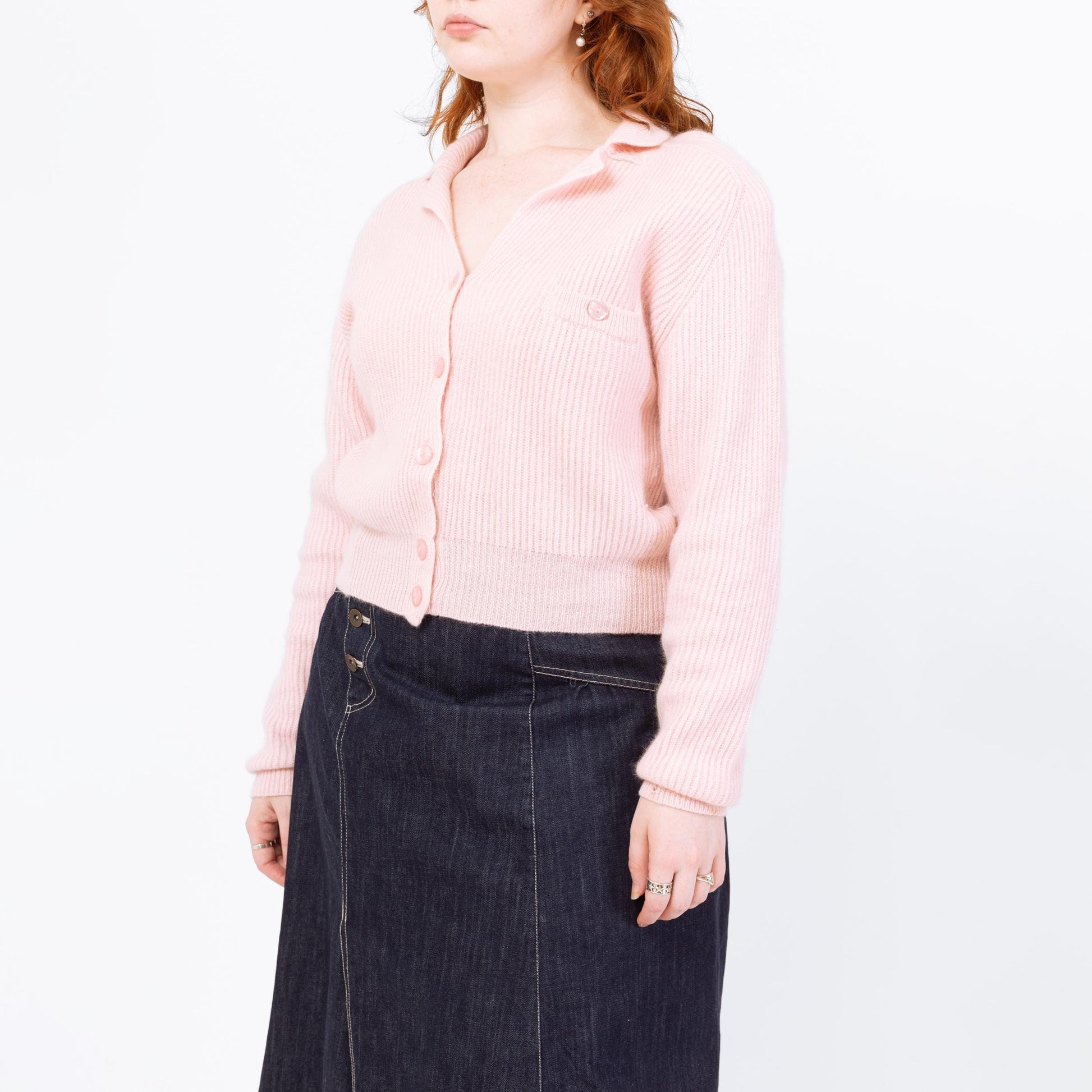 Vintage 80s Pastel Pink Cropped Knit Cardigan - Medium | Angora Lambswool Retro Collared Button Up Sweater