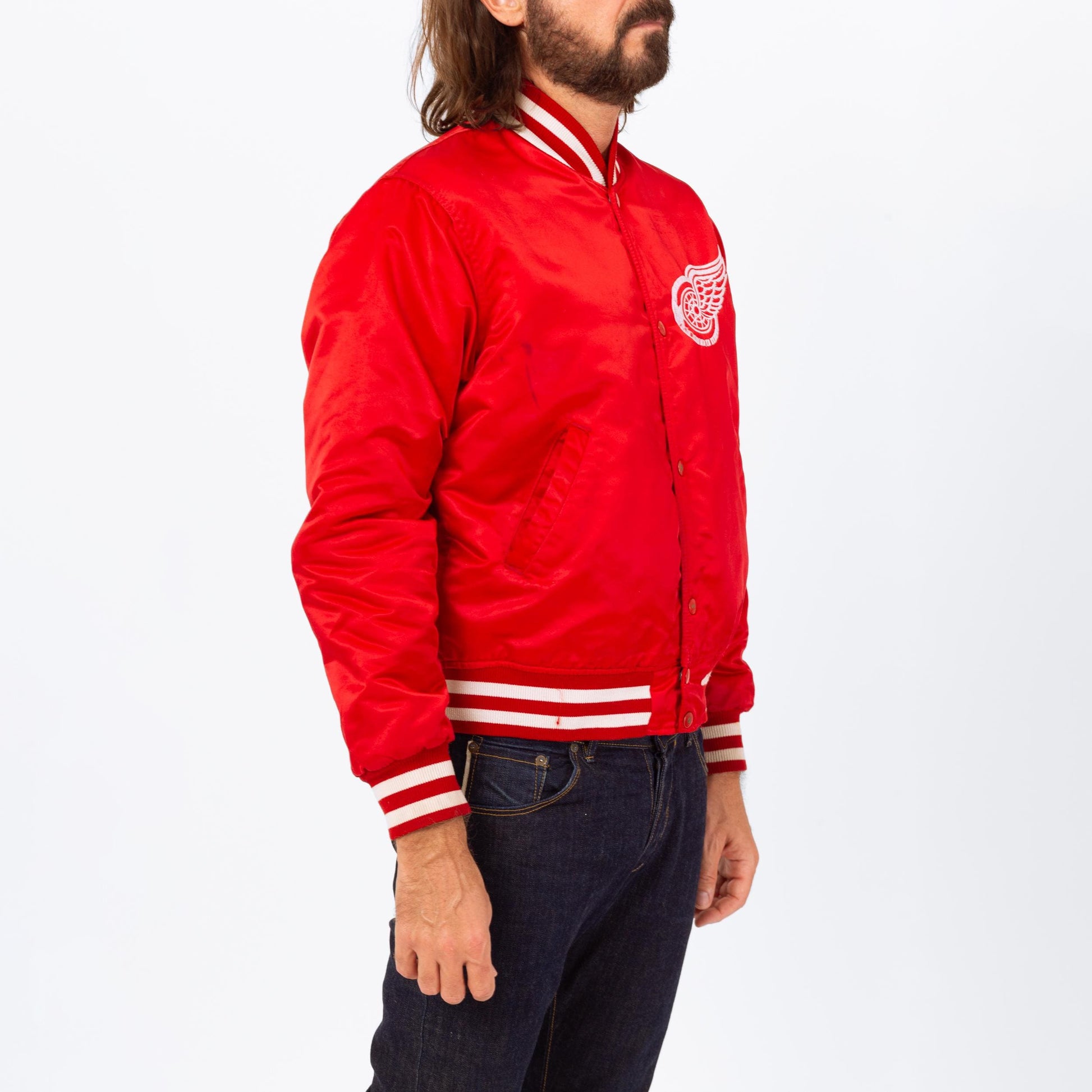 Vintage 80s 90s Detroit Red Wings NHL Satin Starter Jacket - Medium | Red Hockey Snap Button Windbreaker Varsity Bomber
