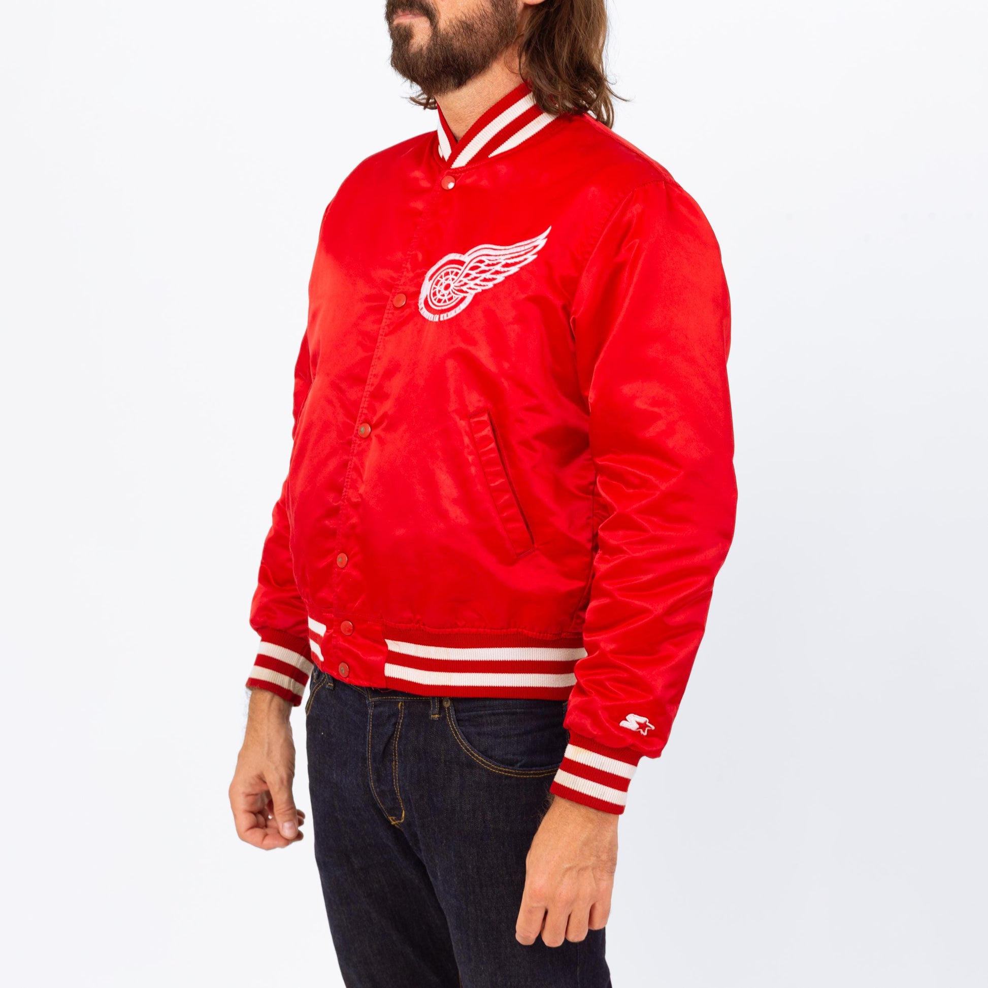 Vintage 80s 90s Detroit Red Wings NHL Satin Starter Jacket - Medium | Red Hockey Snap Button Windbreaker Varsity Bomber