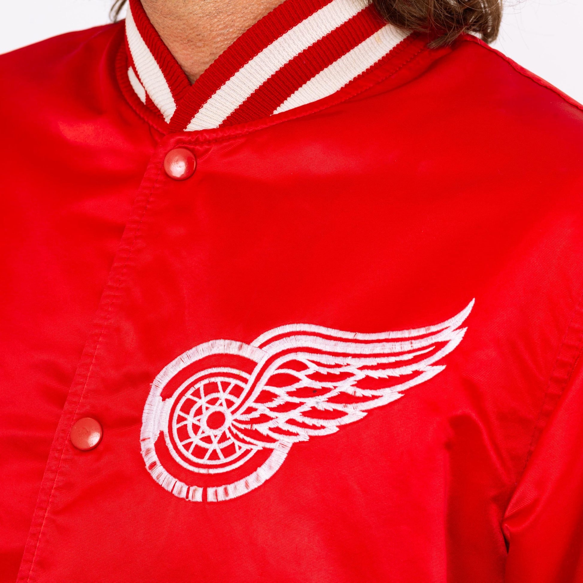 Vintage 80s 90s Detroit Red Wings NHL Satin Starter Jacket - Medium | Red Hockey Snap Button Windbreaker Varsity Bomber