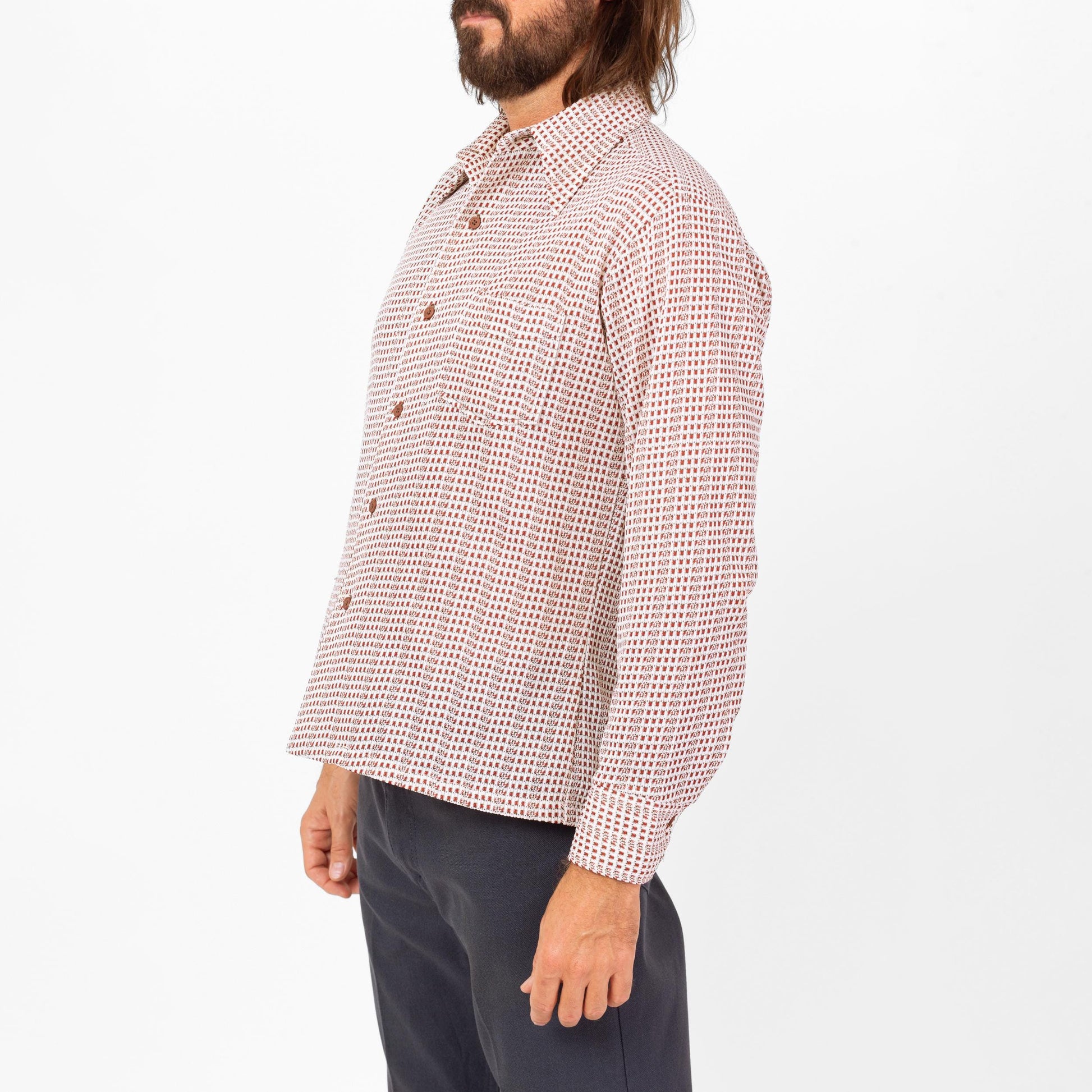 Vintage 70s Grid Plaid Knit Collared Shirt - Large | Retro White Red Plaid Button Down Long Sleeve Top