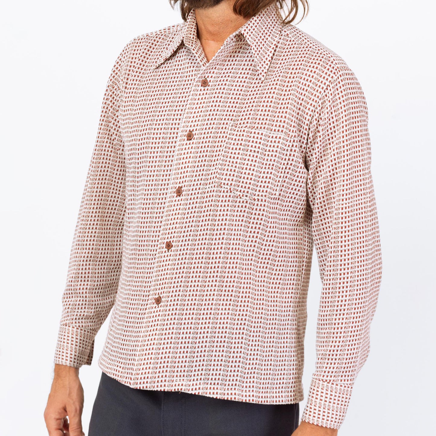 Vintage 70s Grid Plaid Knit Collared Shirt - Large | Retro White Red Plaid Button Down Long Sleeve Top