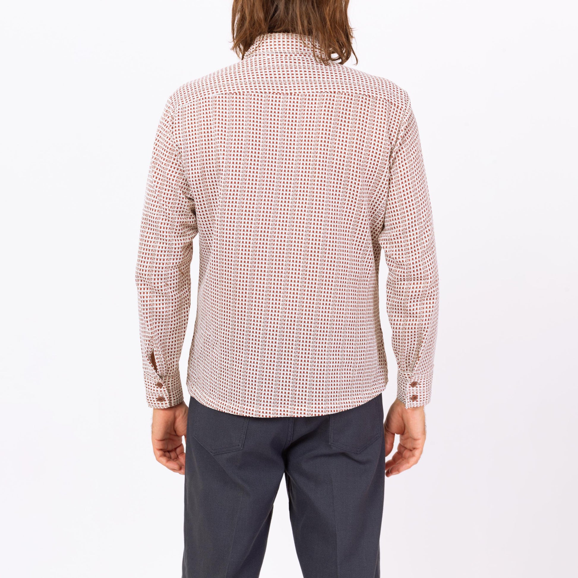 Vintage 70s Grid Plaid Knit Collared Shirt - Large | Retro White Red Plaid Button Down Long Sleeve Top