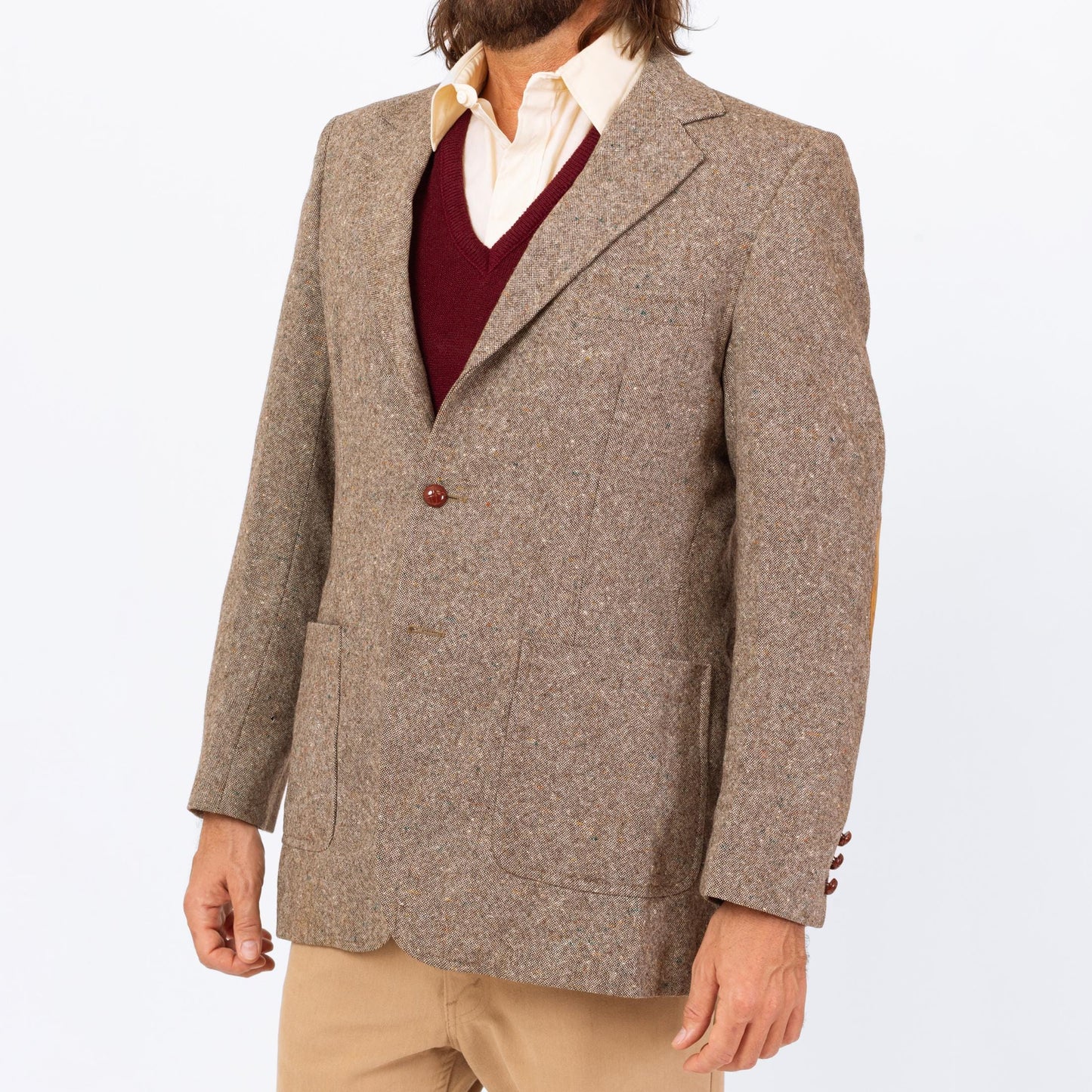 Vintage 70s Grey Tweed Elbow Patch Sport Coat - Medium | Preppy Single Breasted Suede Trim Blazer Suit Jacket