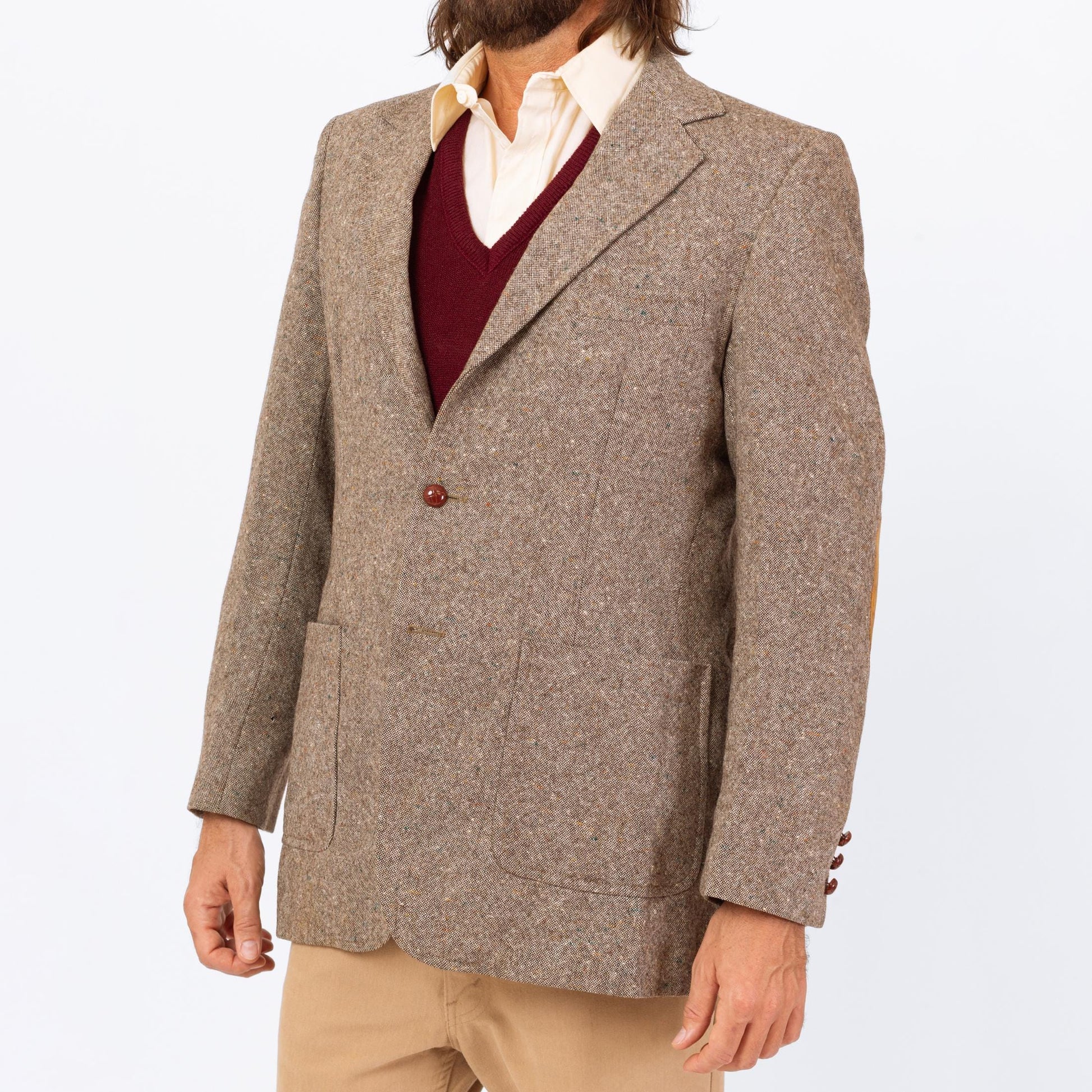 Vintage 70s Grey Tweed Elbow Patch Sport Coat - Medium | Preppy Single Breasted Suede Trim Blazer Suit Jacket