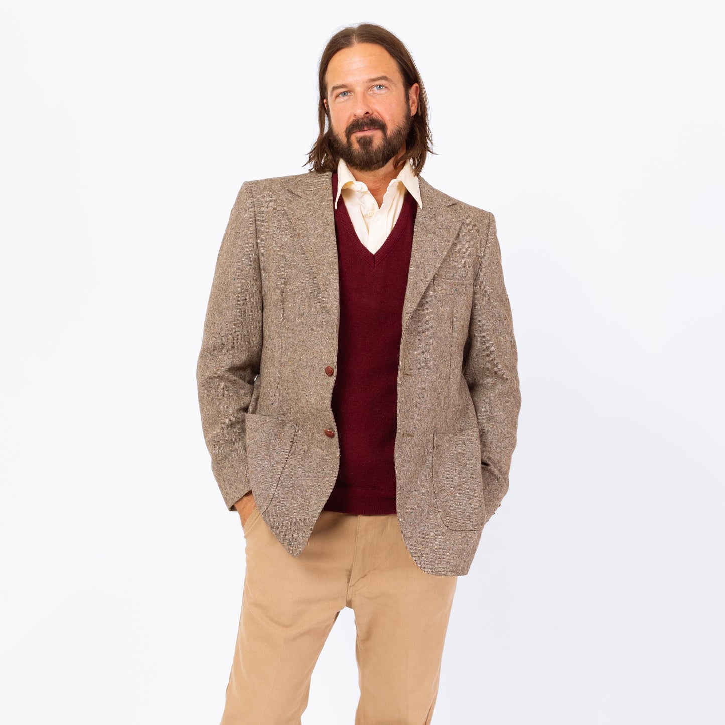 Vintage 70s Grey Tweed Elbow Patch Sport Coat - Medium | Preppy Single Breasted Suede Trim Blazer Suit Jacket