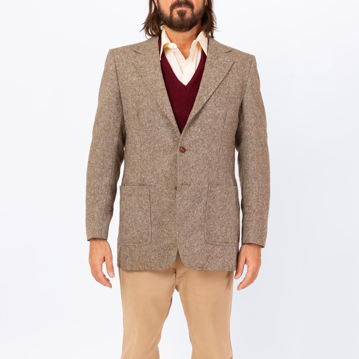 Vintage 70s Grey Tweed Elbow Patch Sport Coat - Medium | Preppy Single Breasted Suede Trim Blazer Suit Jacket