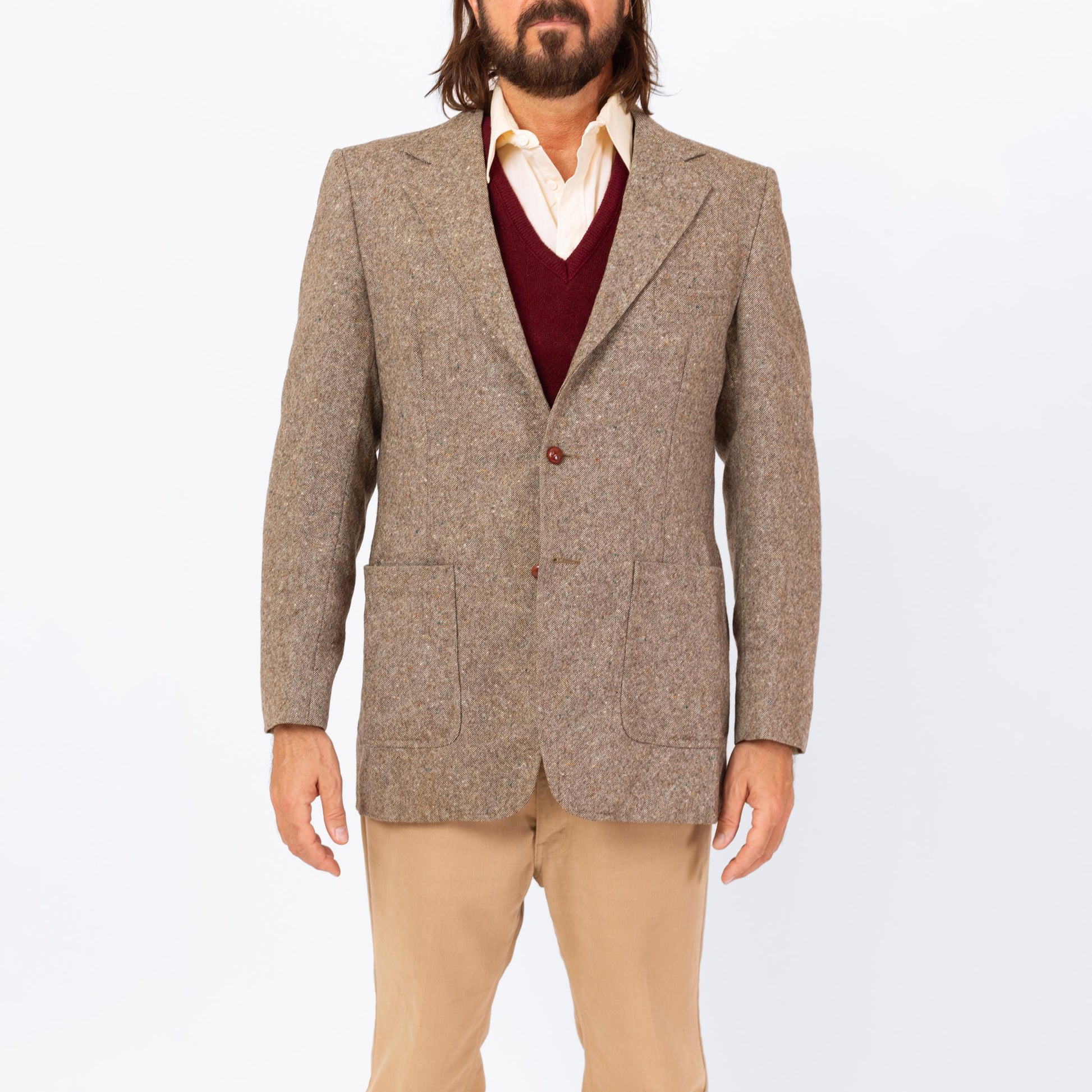 Vintage 70s Grey Tweed Elbow Patch Sport Coat - Medium | Preppy Single Breasted Suede Trim Blazer Suit Jacket