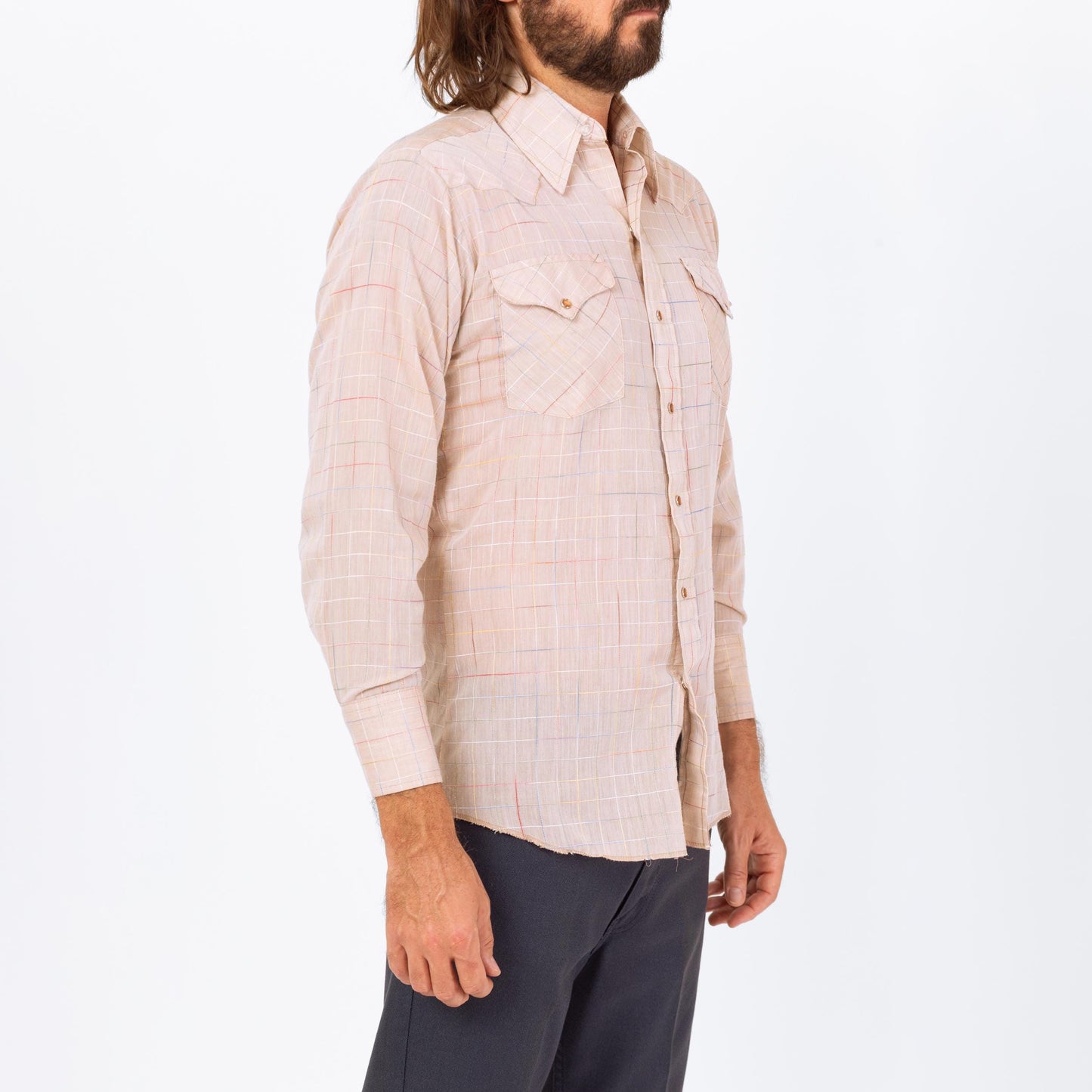 Vintage 70s Rainbow Stitched Pearl Snap Western Shirt - Medium | Taupe Plaid Button Up Long Sleeve Collared Top