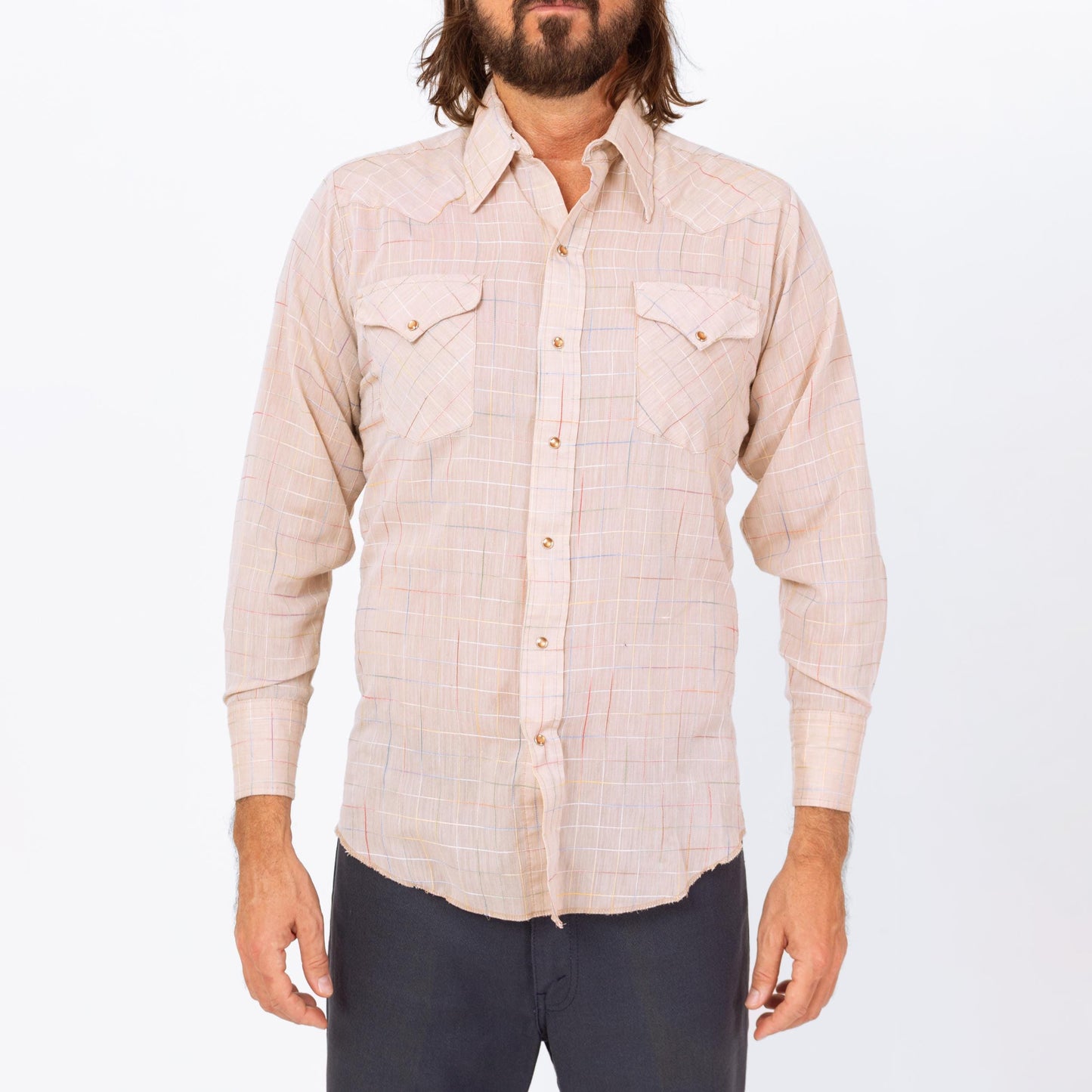 Vintage 70s Rainbow Stitched Pearl Snap Western Shirt - Medium | Taupe Plaid Button Up Long Sleeve Collared Top