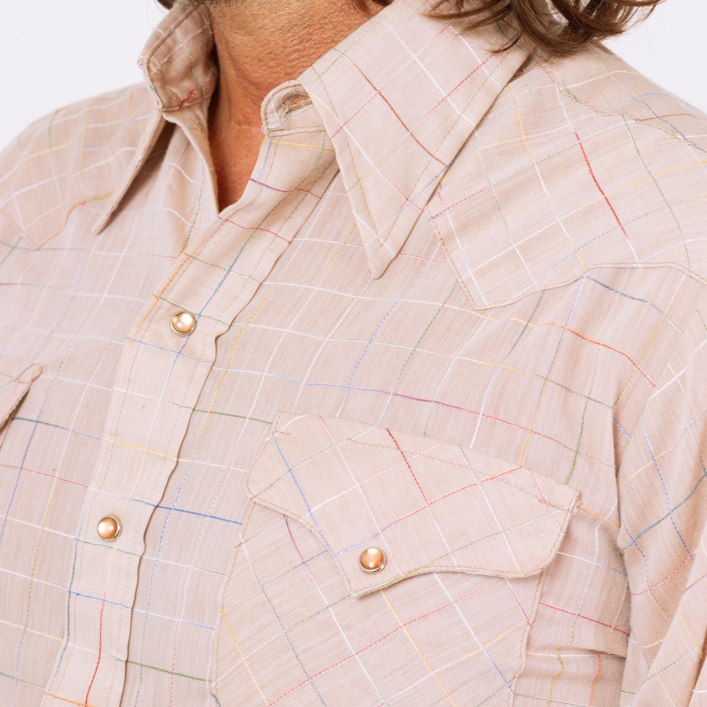 Vintage 70s Rainbow Stitched Pearl Snap Western Shirt - Medium | Taupe Plaid Button Up Long Sleeve Collared Top