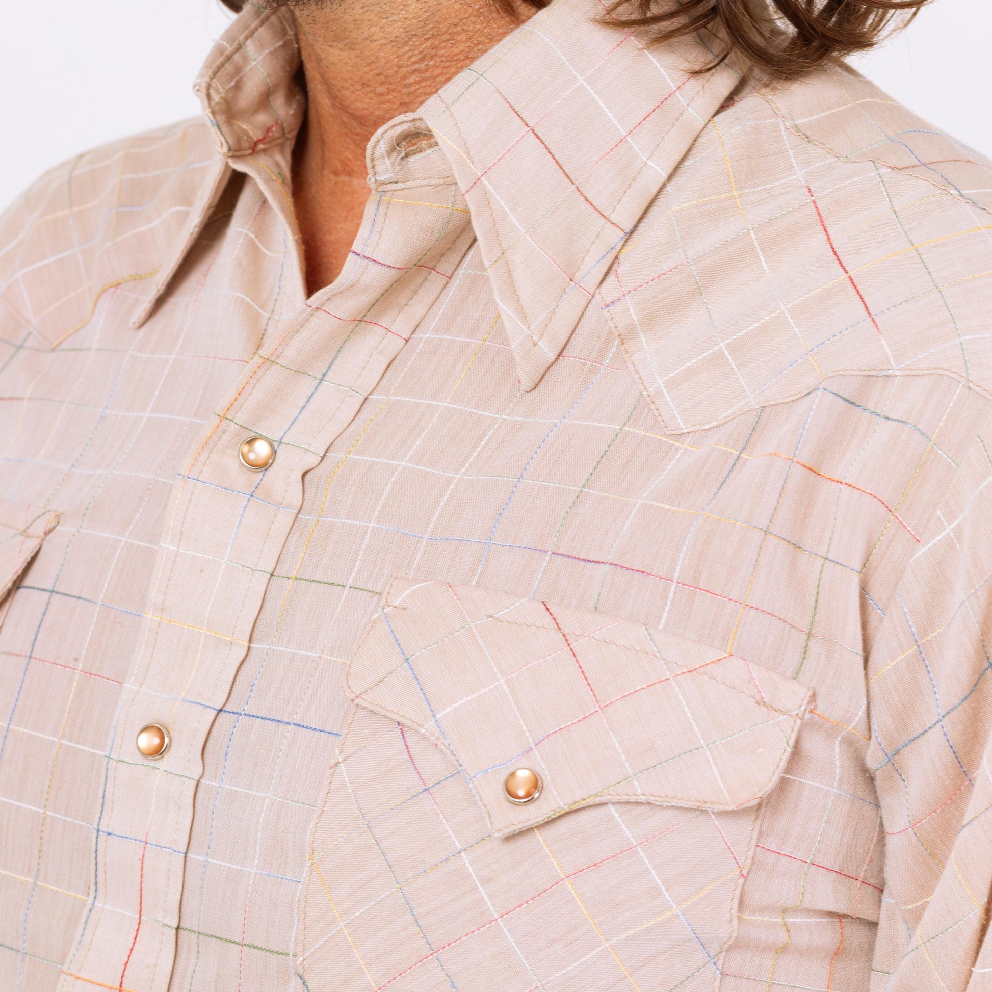 Vintage 70s Rainbow Stitched Pearl Snap Western Shirt - Medium | Taupe Plaid Button Up Long Sleeve Collared Top