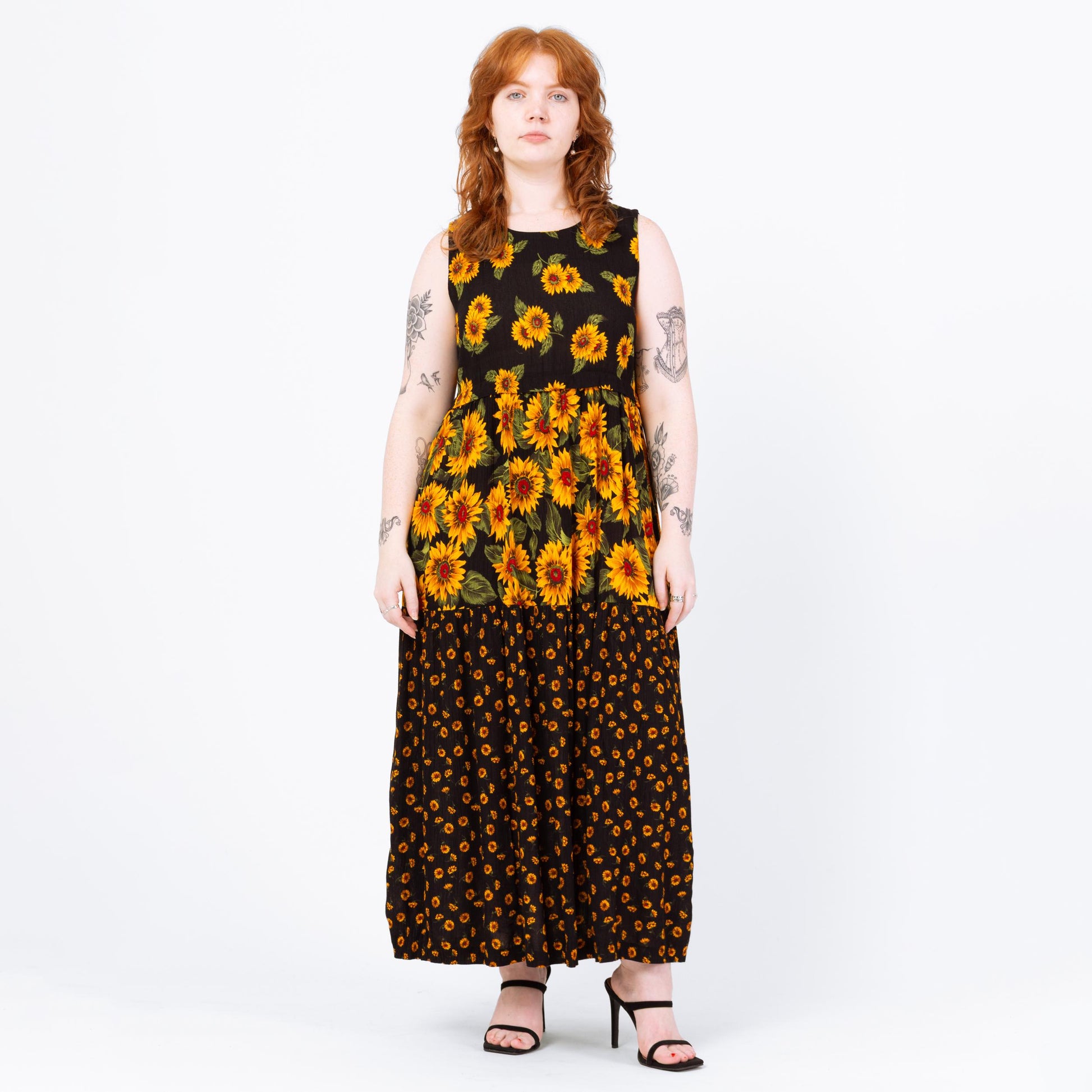 Vintage 90s Black Sunflower Print Maxi Tank Dress - Medium | Sleeveless Floral Grunge Dress, Summer Sundress