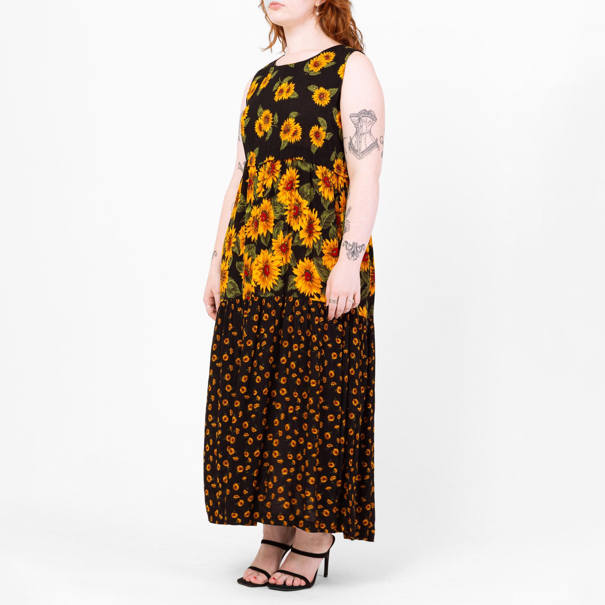 Vintage 90s Black Sunflower Print Maxi Tank Dress - Medium | Sleeveless Floral Grunge Dress, Summer Sundress