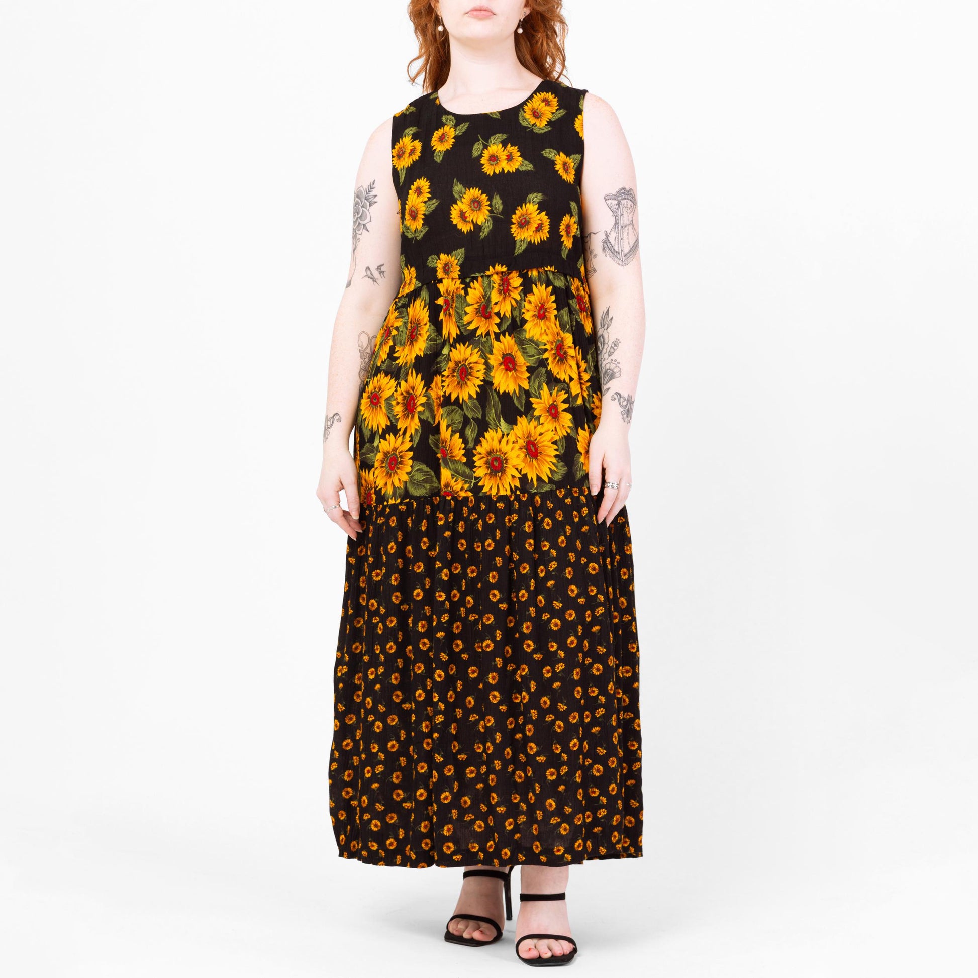 Vintage 90s Black Sunflower Print Maxi Tank Dress - Medium | Sleeveless Floral Grunge Dress, Summer Sundress