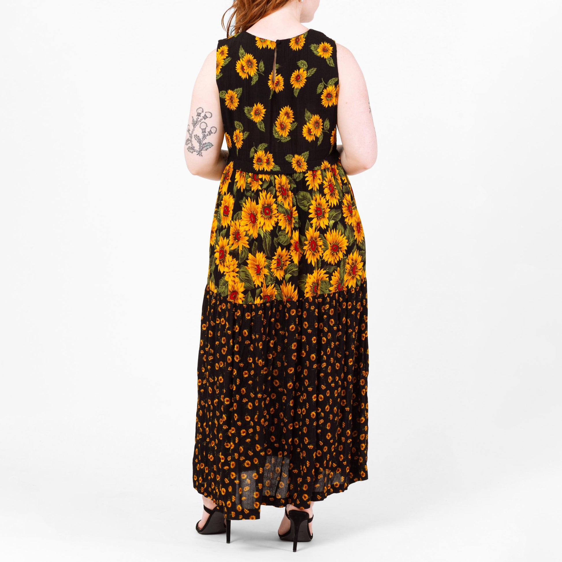 Vintage 90s Black Sunflower Print Maxi Tank Dress - Medium | Sleeveless Floral Grunge Dress, Summer Sundress