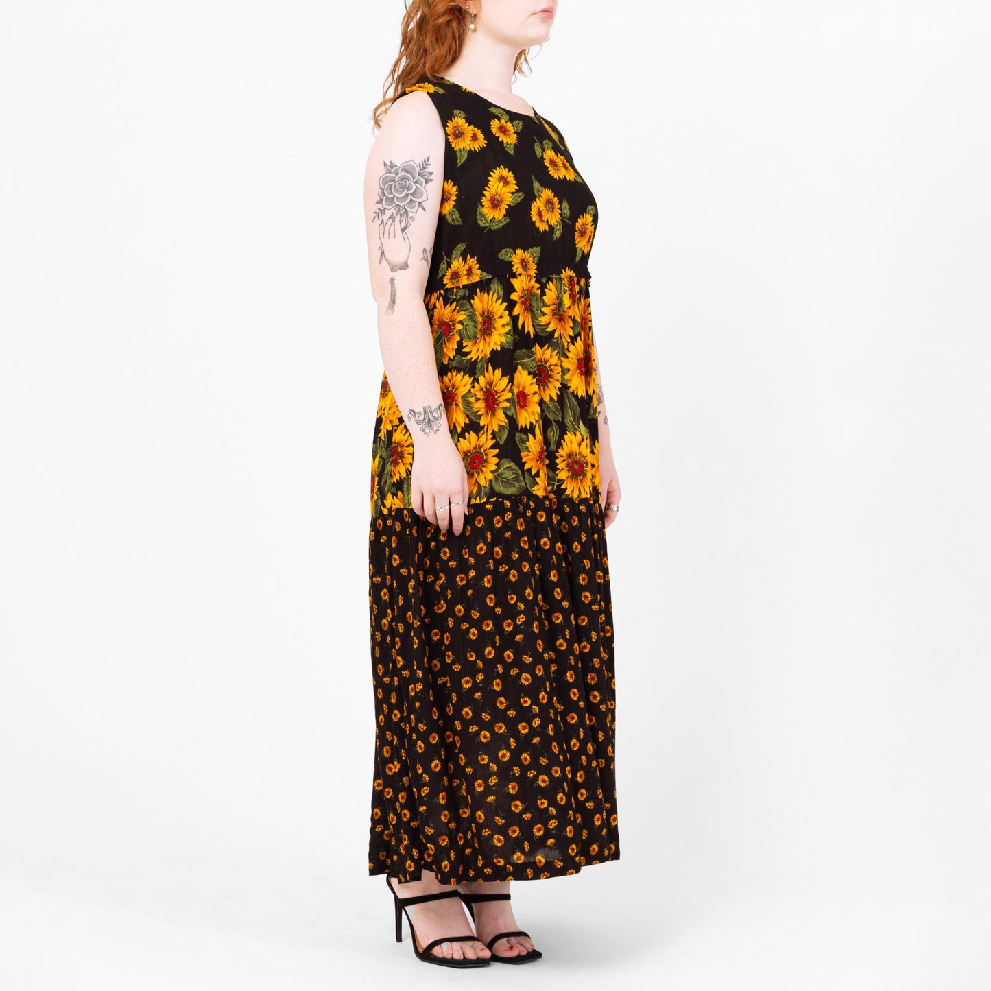 Vintage 90s Black Sunflower Print Maxi Tank Dress - Medium | Sleeveless Floral Grunge Dress, Summer Sundress