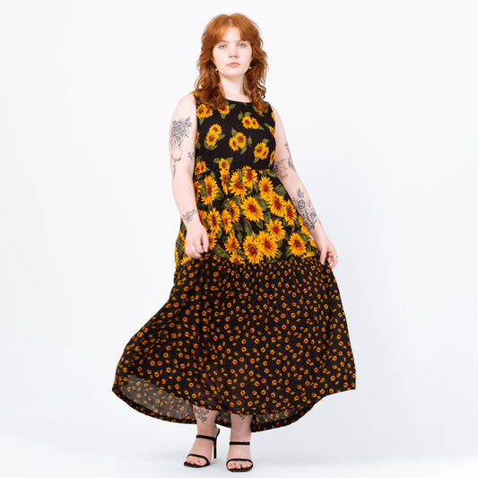 Vintage 90s Black Sunflower Print Maxi Tank Dress - Medium | Sleeveless Floral Grunge Dress, Summer Sundress