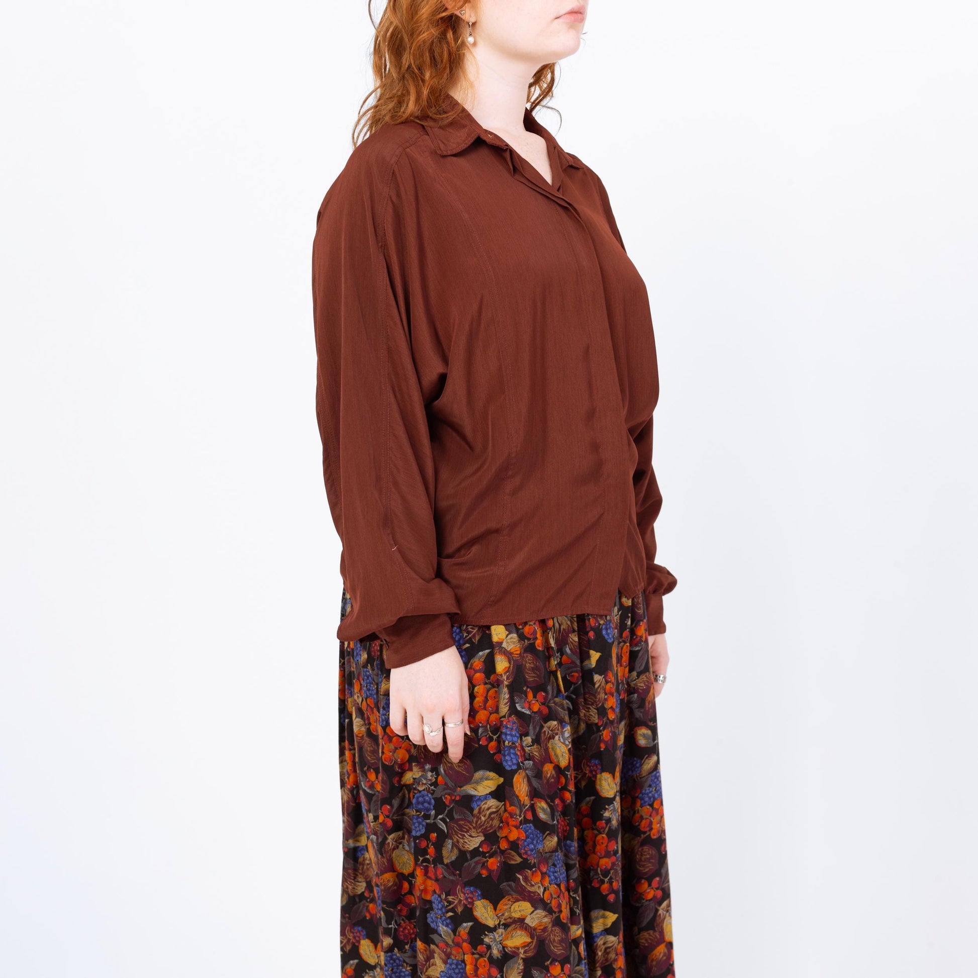 Vintage 90s Silky Burnt Sienna Dolman Sleeve Blouse - Large | Minimalist Collared Top, Long Bishop Sleeve Shirt