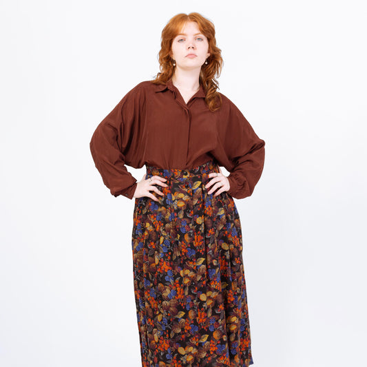 Vintage 90s Silky Burnt Sienna Dolman Sleeve Blouse - Large | Minimalist Collared Top, Long Bishop Sleeve Shirt