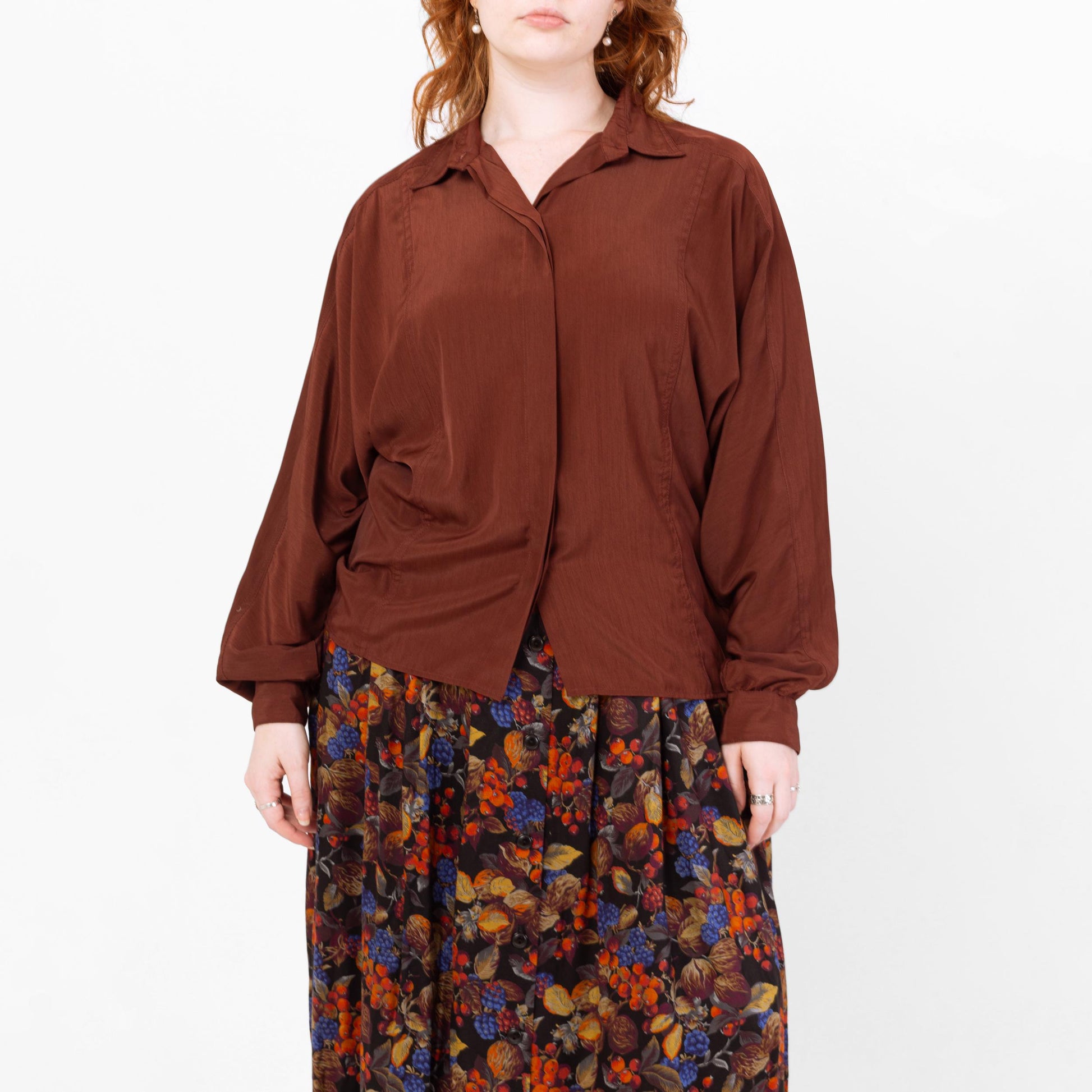 Vintage 90s Silky Burnt Sienna Dolman Sleeve Blouse - Large | Minimalist Collared Top, Long Bishop Sleeve Shirt