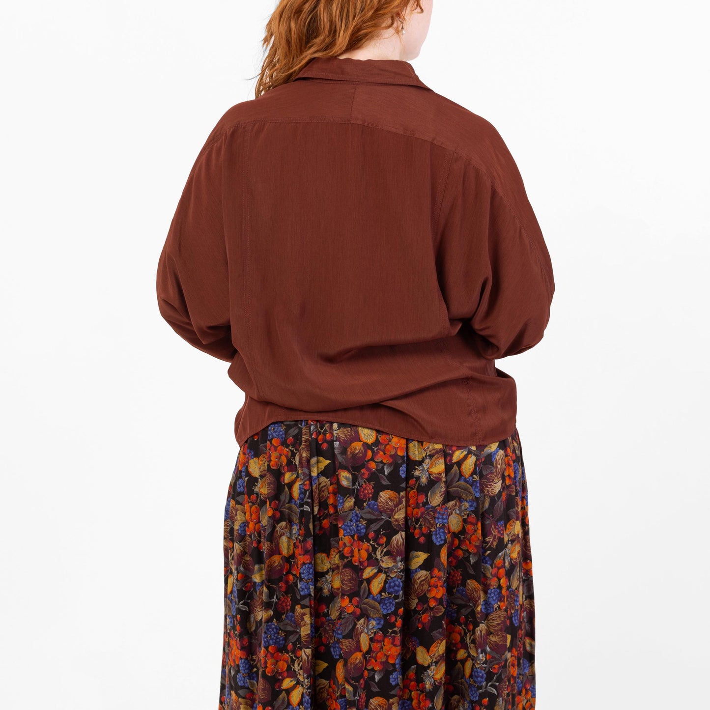 Vintage 90s Silky Burnt Sienna Dolman Sleeve Blouse - Large | Minimalist Collared Top, Long Bishop Sleeve Shirt