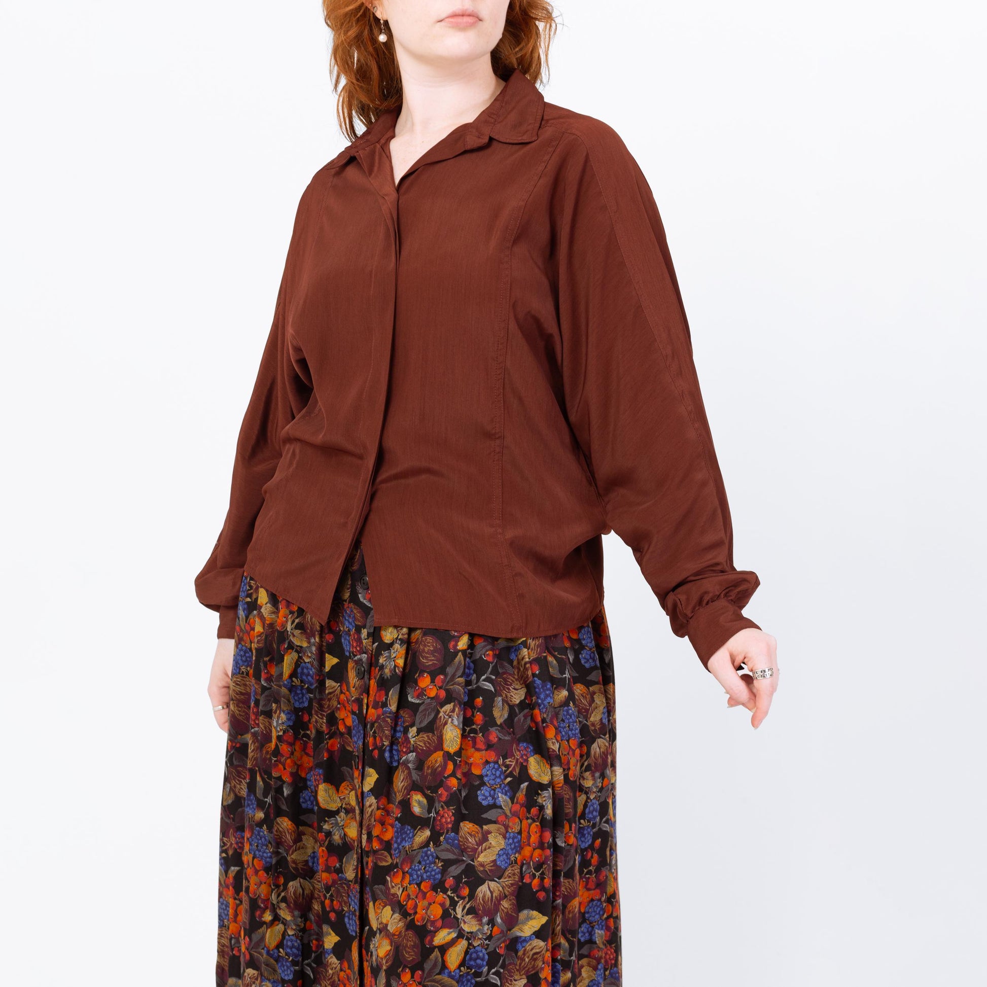 Vintage 90s Silky Burnt Sienna Dolman Sleeve Blouse - Large | Minimalist Collared Top, Long Bishop Sleeve Shirt