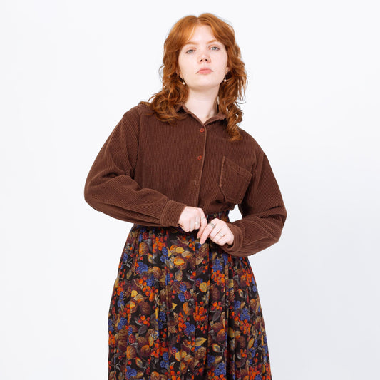 Vintage 90s Brown Corduroy Button Up Shirt - Large | Light Academia Button Up Top, Grunge Collared Shirt