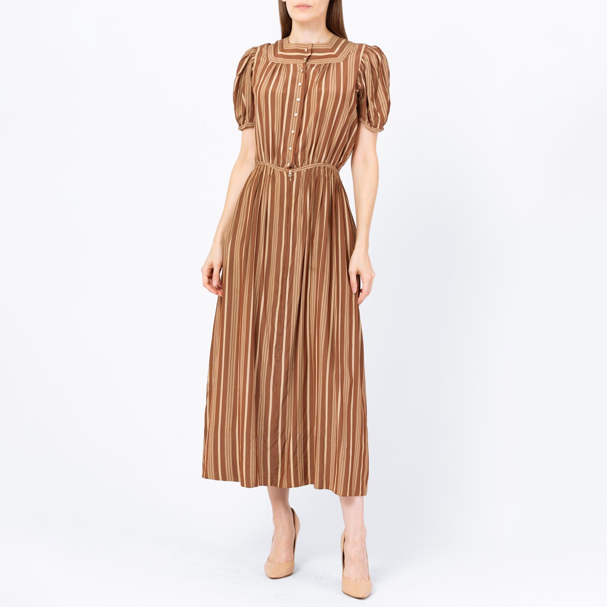 Vintage 1930s Fashion Originators Guild Brown Striped Maxi Day Dress, As Is - Small | 30s FOGA Retro A Line Short Puff Sleeve Shirtdress
