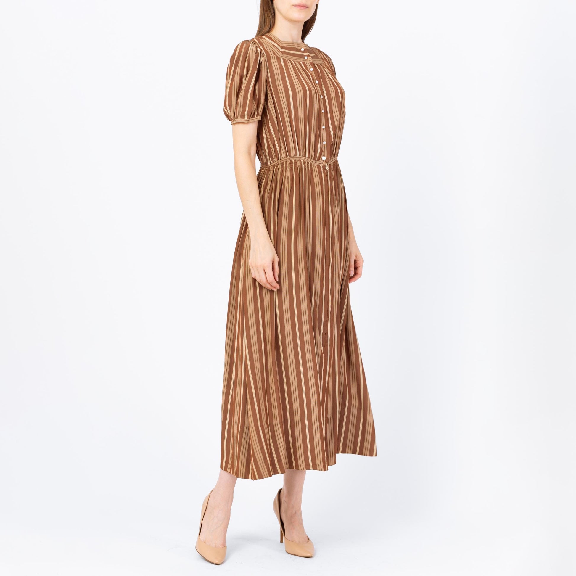 Vintage 1930s Fashion Originators Guild Brown Striped Maxi Day Dress, As Is - Small | 30s FOGA Retro A Line Short Puff Sleeve Shirtdress
