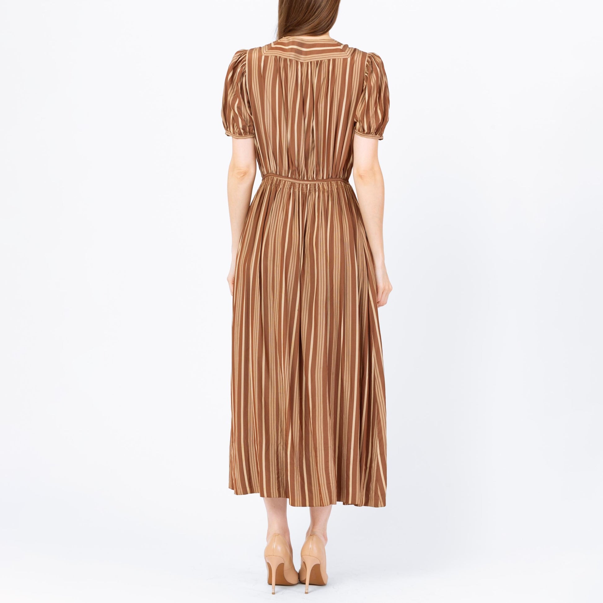 Vintage 1930s Fashion Originators Guild Brown Striped Maxi Day Dress, As Is - Small | 30s FOGA Retro A Line Short Puff Sleeve Shirtdress