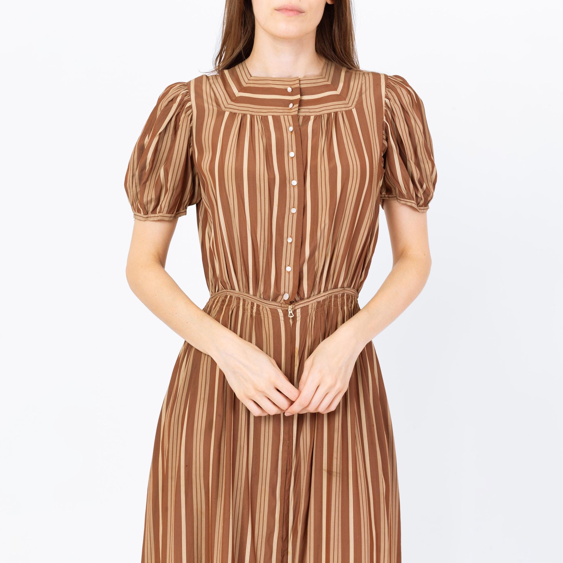 Vintage 1930s Fashion Originators Guild Brown Striped Maxi Day Dress, As Is - Small | 30s FOGA Retro A Line Short Puff Sleeve Shirtdress