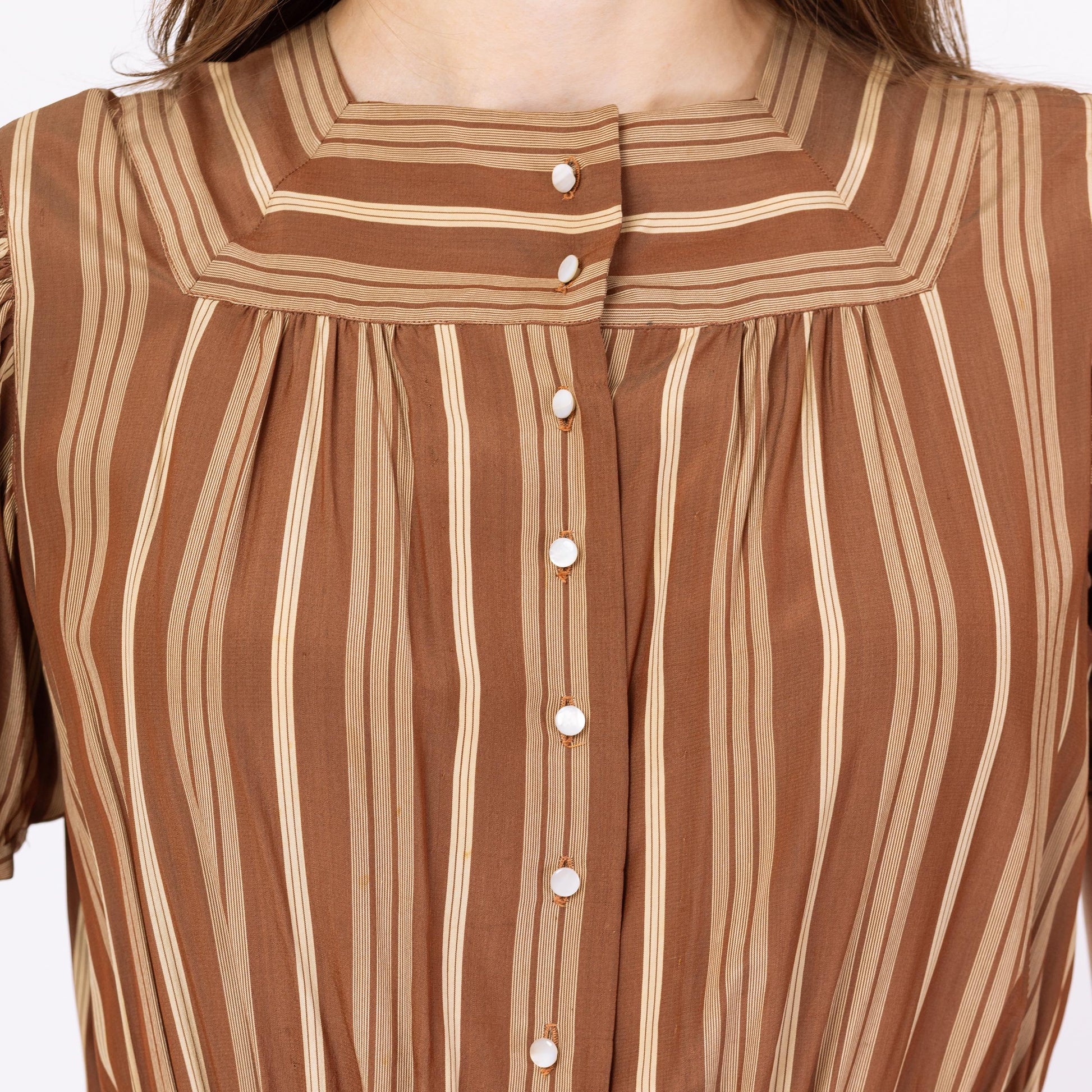 Vintage 1930s Fashion Originators Guild Brown Striped Maxi Day Dress, As Is - Small | 30s FOGA Retro A Line Short Puff Sleeve Shirtdress
