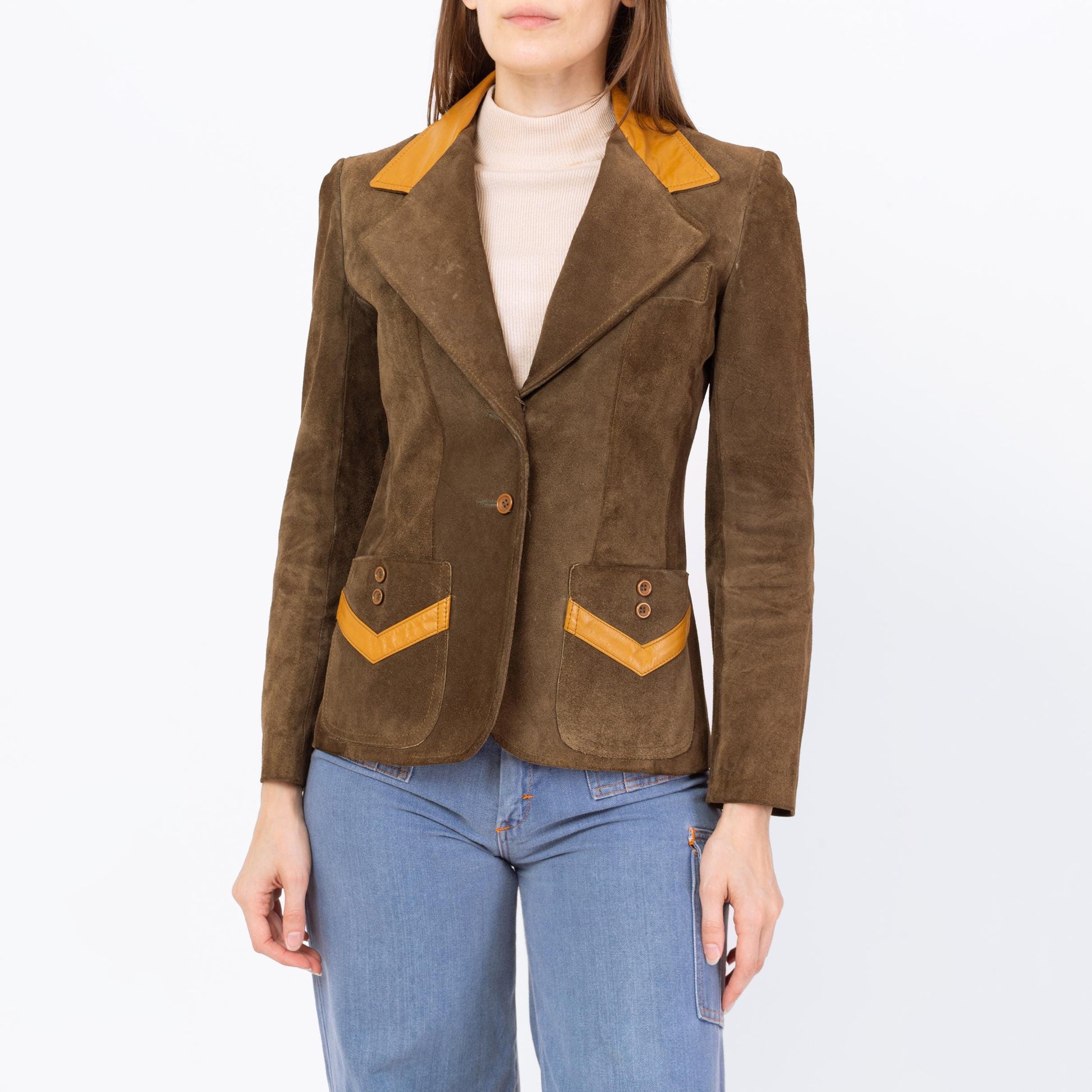 Vintage 70 Western Brown Suede Blazer Jacket - Extra Small | Foxmoor Made In Argentina Button Up Boho Patchwork Leather Jacket