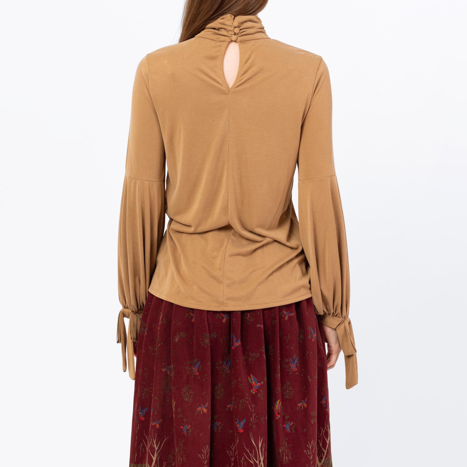 Vintage Y2K Tan Balloon Sleeve Peasant Blouse - Small | Boho Long Sleeve Mockneck Top
