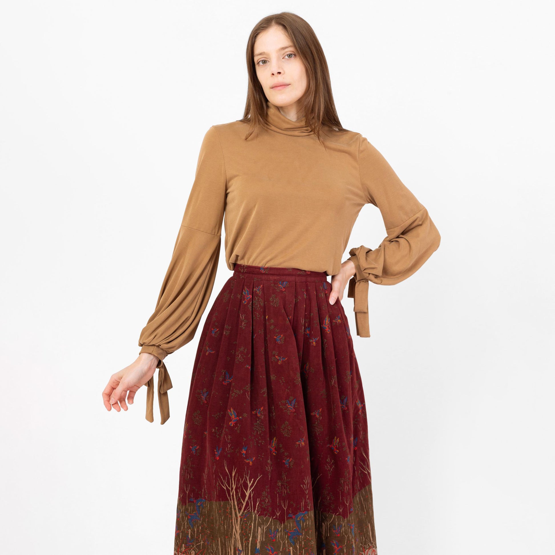 Vintage Y2K Tan Balloon Sleeve Peasant Blouse - Small | Boho Long Sleeve Mockneck Top