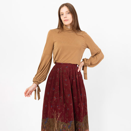 Vintage Y2K Tan Balloon Sleeve Peasant Blouse - Small | Boho Long Sleeve Mockneck Top