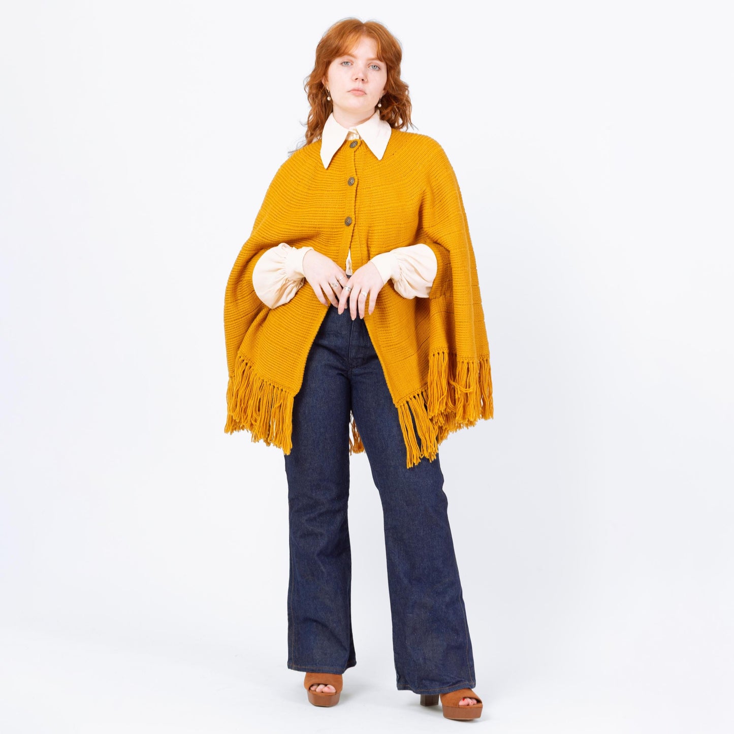 Vintage 70s Boho Mustard Yellow Knit Cape - One Size | Button Up Fringe Poncho Jacket