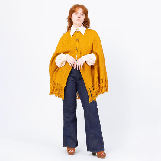 Vintage 70s Boho Mustard Yellow Knit Cape - One Size | Button Up Fringe Poncho Jacket