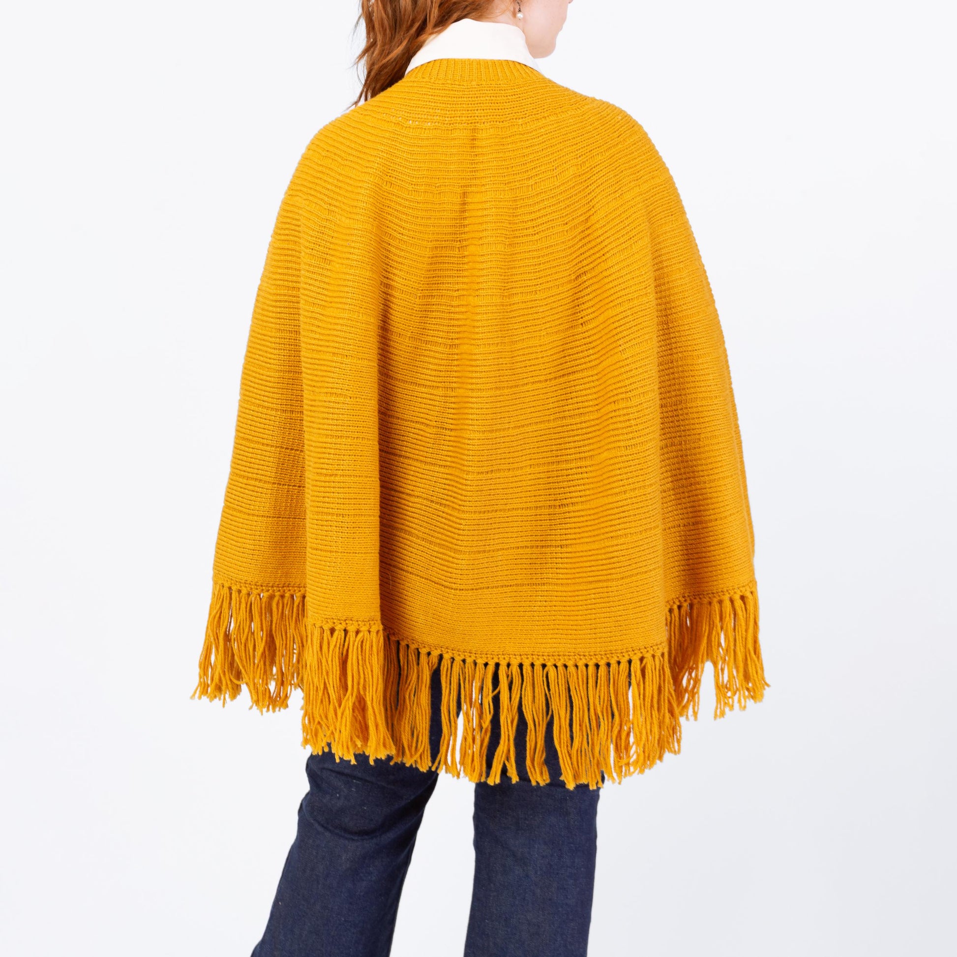Vintage 70s Boho Mustard Yellow Knit Cape - One Size | Button Up Fringe Poncho Jacket