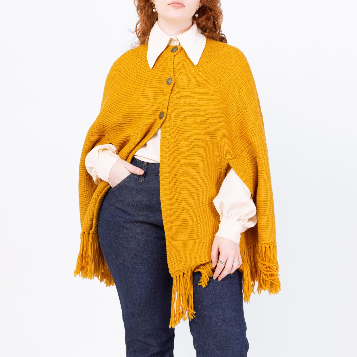 Vintage 70s Boho Mustard Yellow Knit Cape - One Size | Button Up Fringe Poncho Jacket