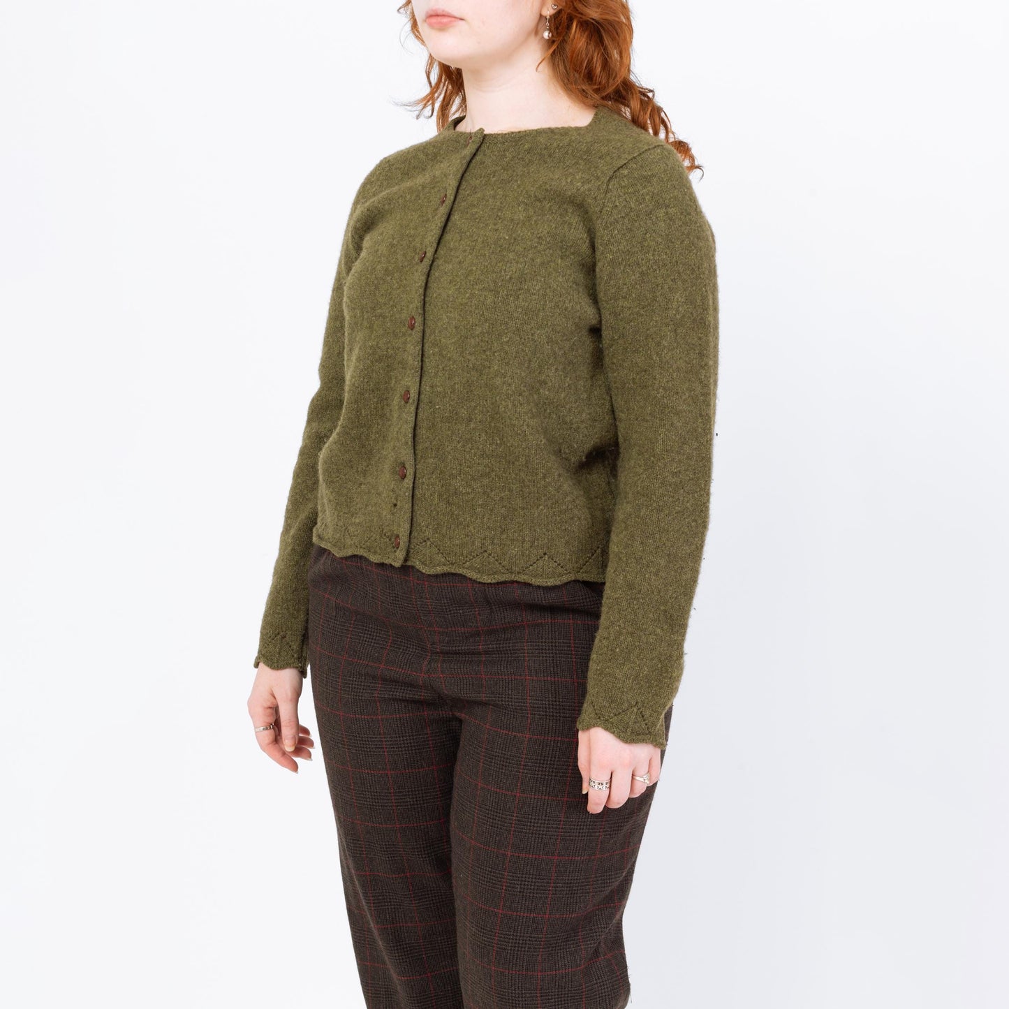 Vintage 90s L.L. Bean Olive Green Wool Knit Cardigan - Large | Scalloped Button Up Cropped Sweater
