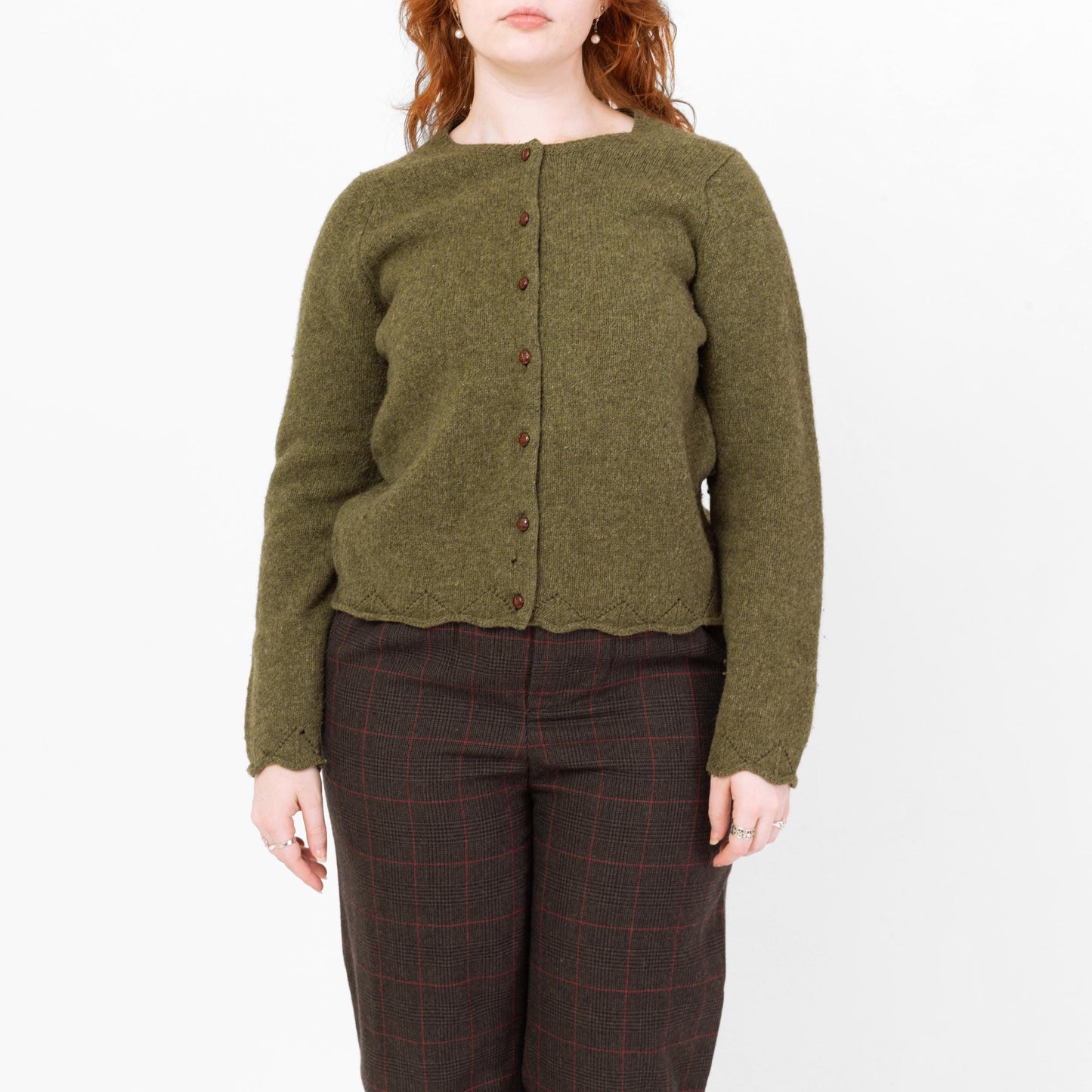 Vintage 90s L.L. Bean Olive Green Wool Knit Cardigan - Large | Scalloped Button Up Cropped Sweater