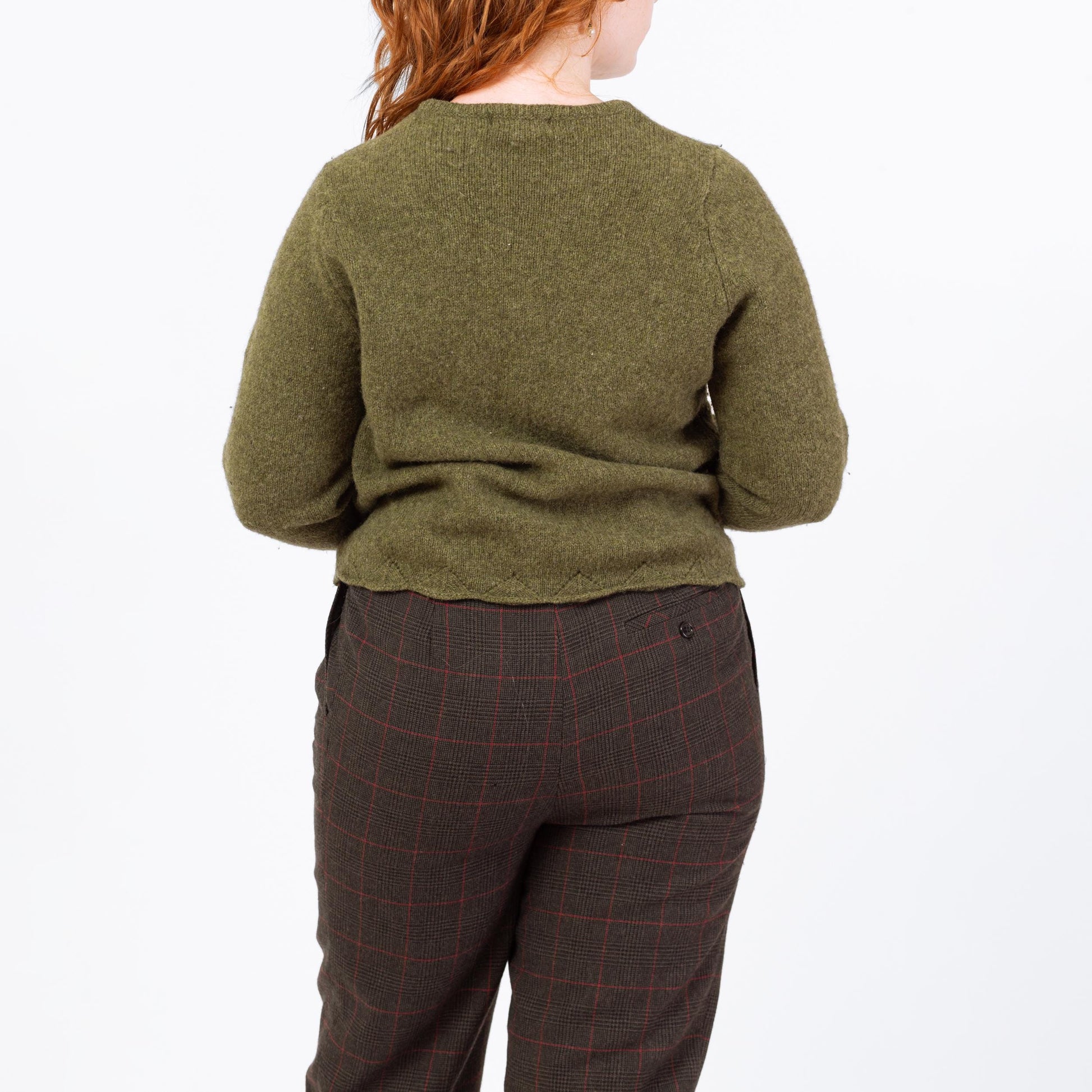 Vintage 90s L.L. Bean Olive Green Wool Knit Cardigan - Large | Scalloped Button Up Cropped Sweater