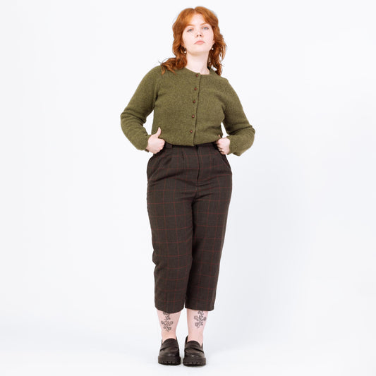 Vintage 80s Dark Grey Plaid Wool Cropped Trousers - Large, 31.5" Waist | Retro High Rise Capris Ankle Pants