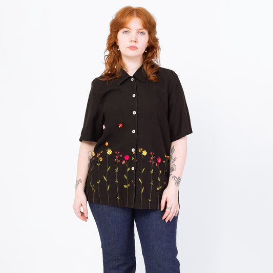 Vintage 90s Black Painted Wildflower Floral Blouse - Large | Boho Short Sleeve Linen Button Up Collared Top