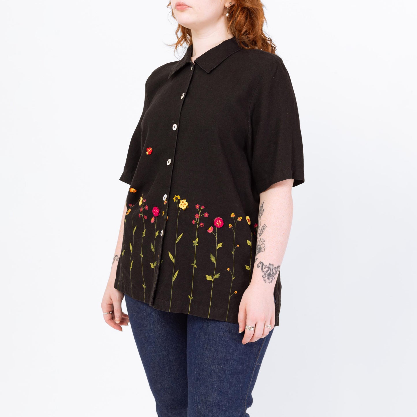 Vintage 90s Black Painted Wildflower Floral Blouse - Large | Boho Short Sleeve Linen Button Up Collared Top