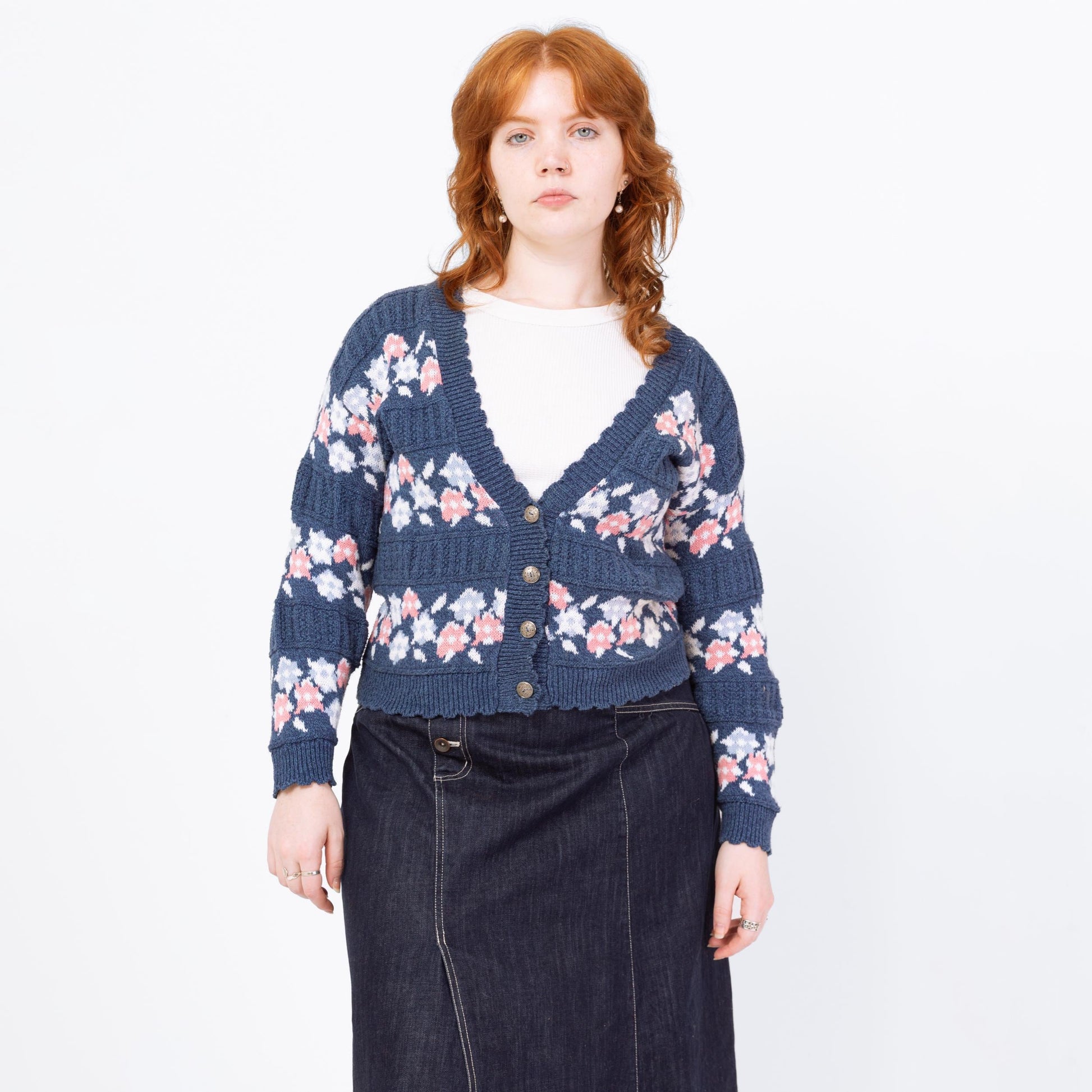 Vintage 90s Blue Floral Fair Isle Knit Cardigan - Large | Cropped Cotton Button Up Sweater