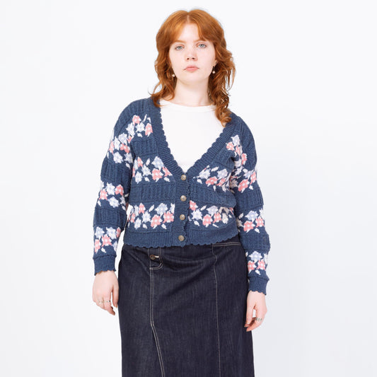 Vintage 90s Blue Floral Fair Isle Knit Cardigan - Large | Cropped Cotton Button Up Sweater