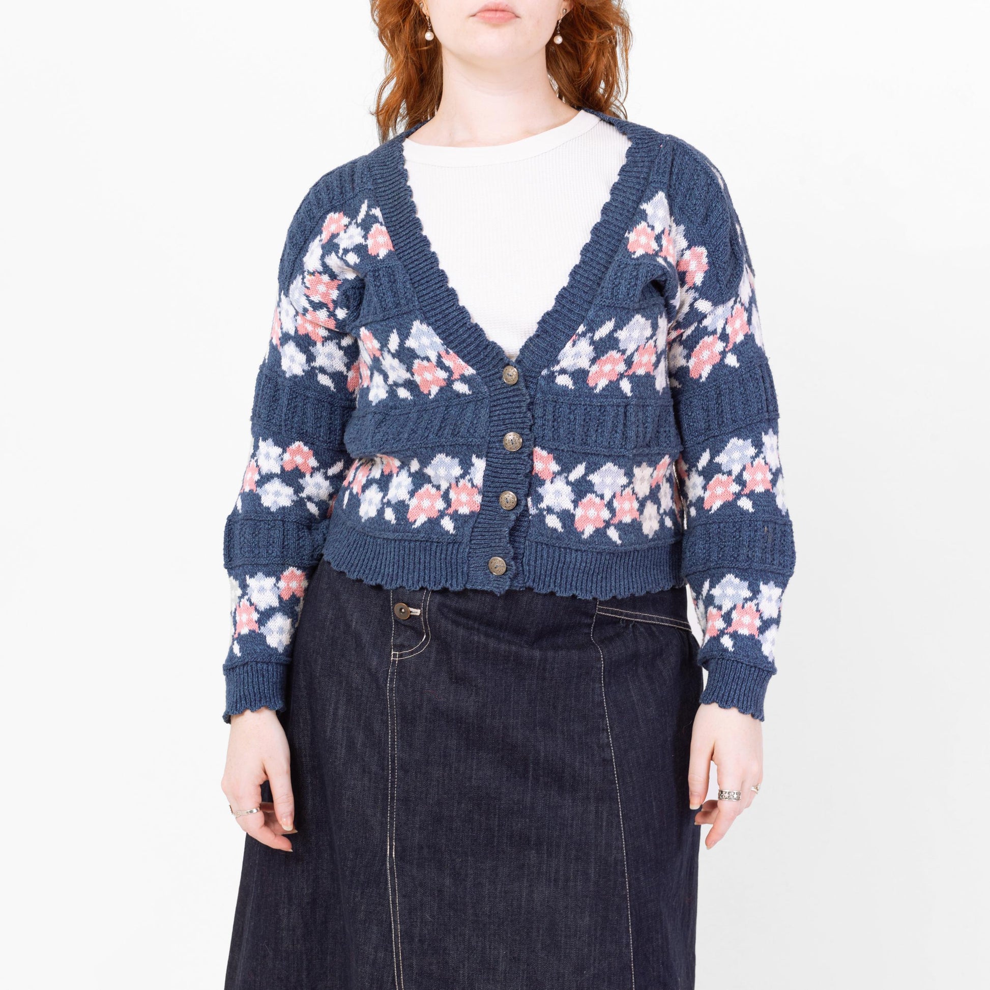 Vintage 90s Blue Floral Fair Isle Knit Cardigan - Large | Cropped Cotton Button Up Sweater